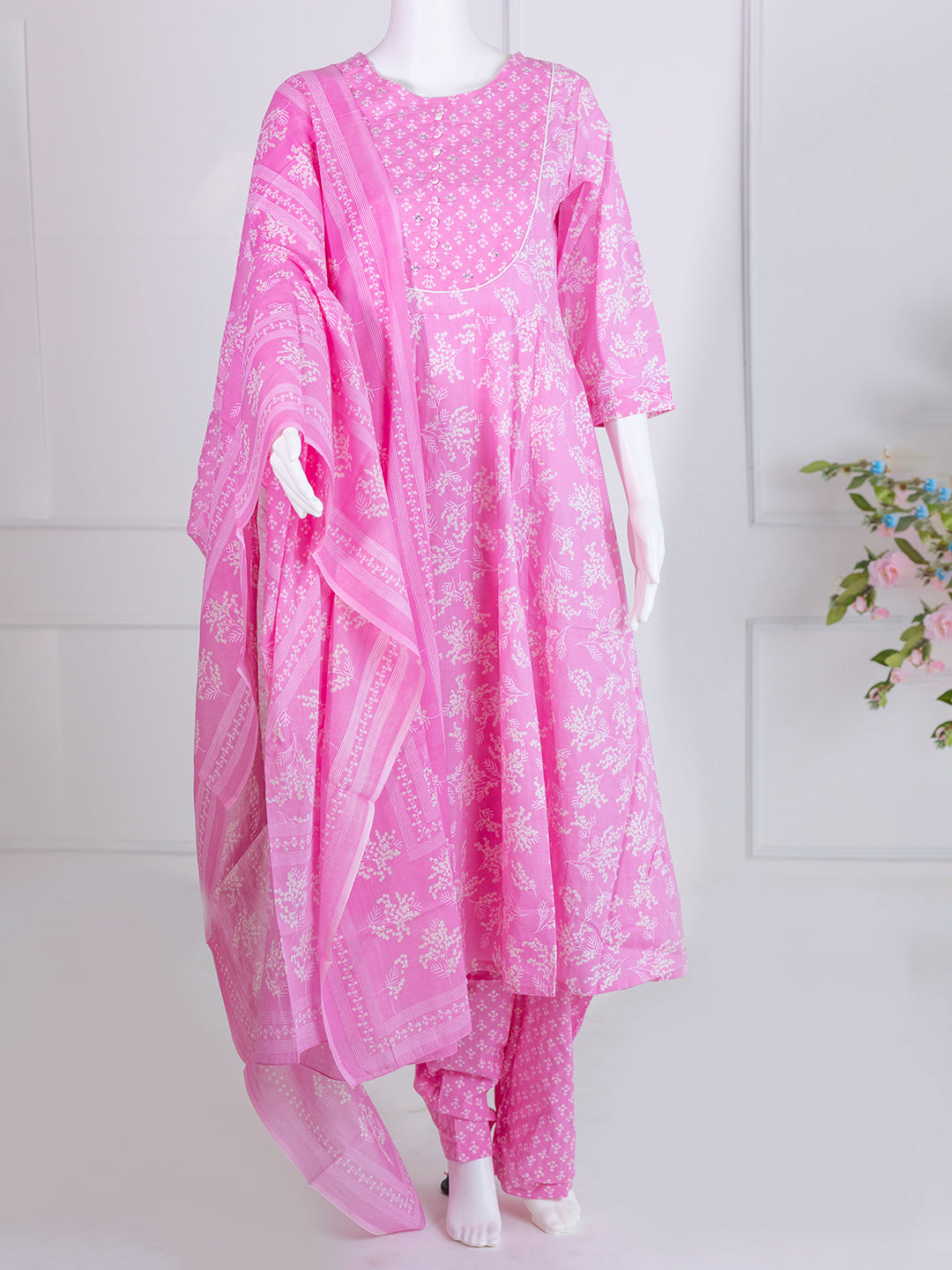 Women Pink Cotton Printed Kurti Set EKS75