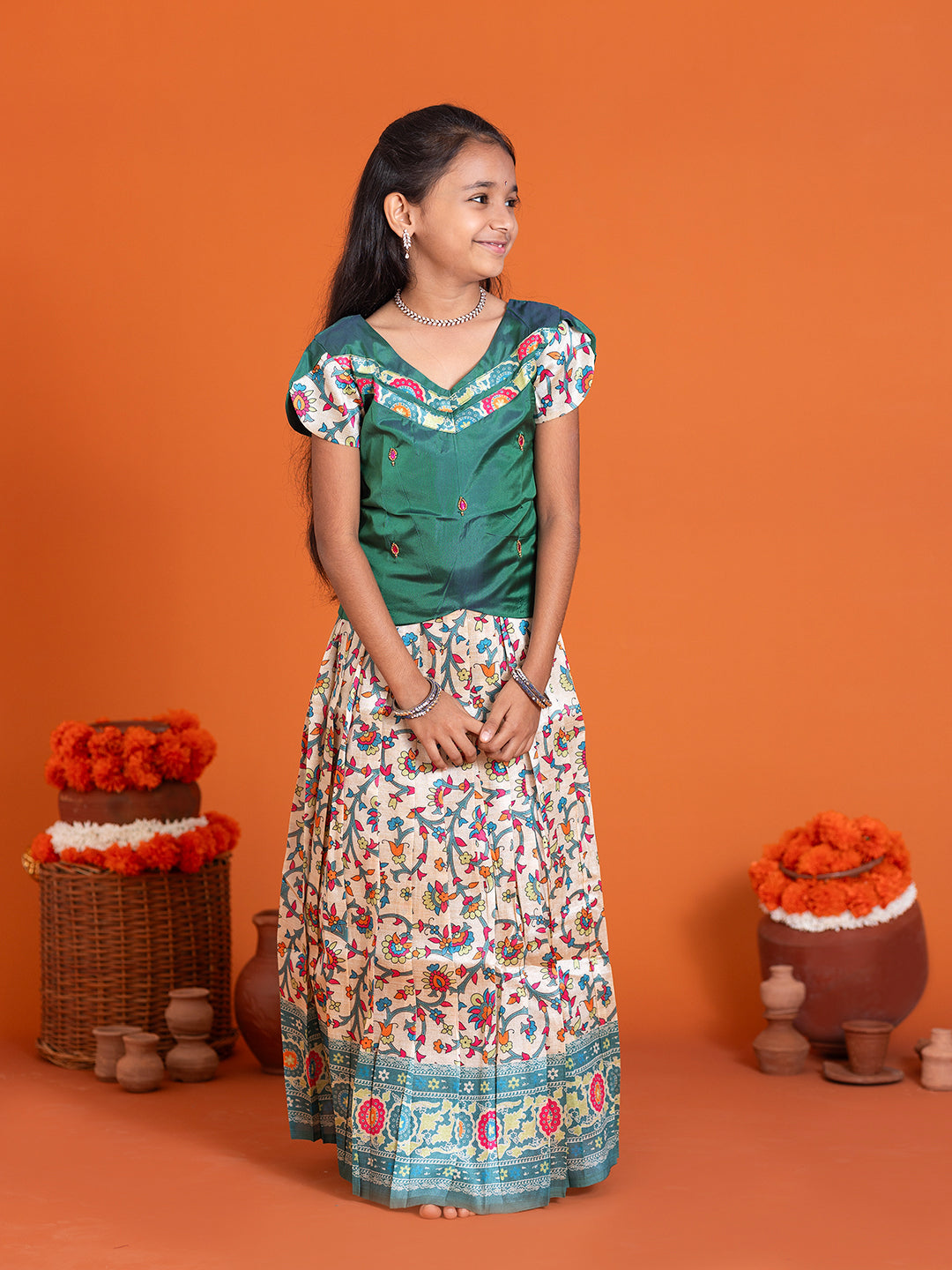 Girls Pattu Pavadai Set Green with Sandal Traditional Ethnic Wear GPS36