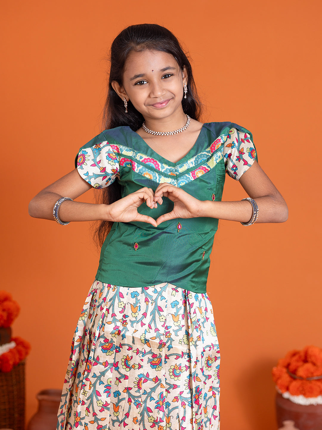 Girls Pattu Pavadai Set Green with Sandal Traditional Ethnic Wear GPS36