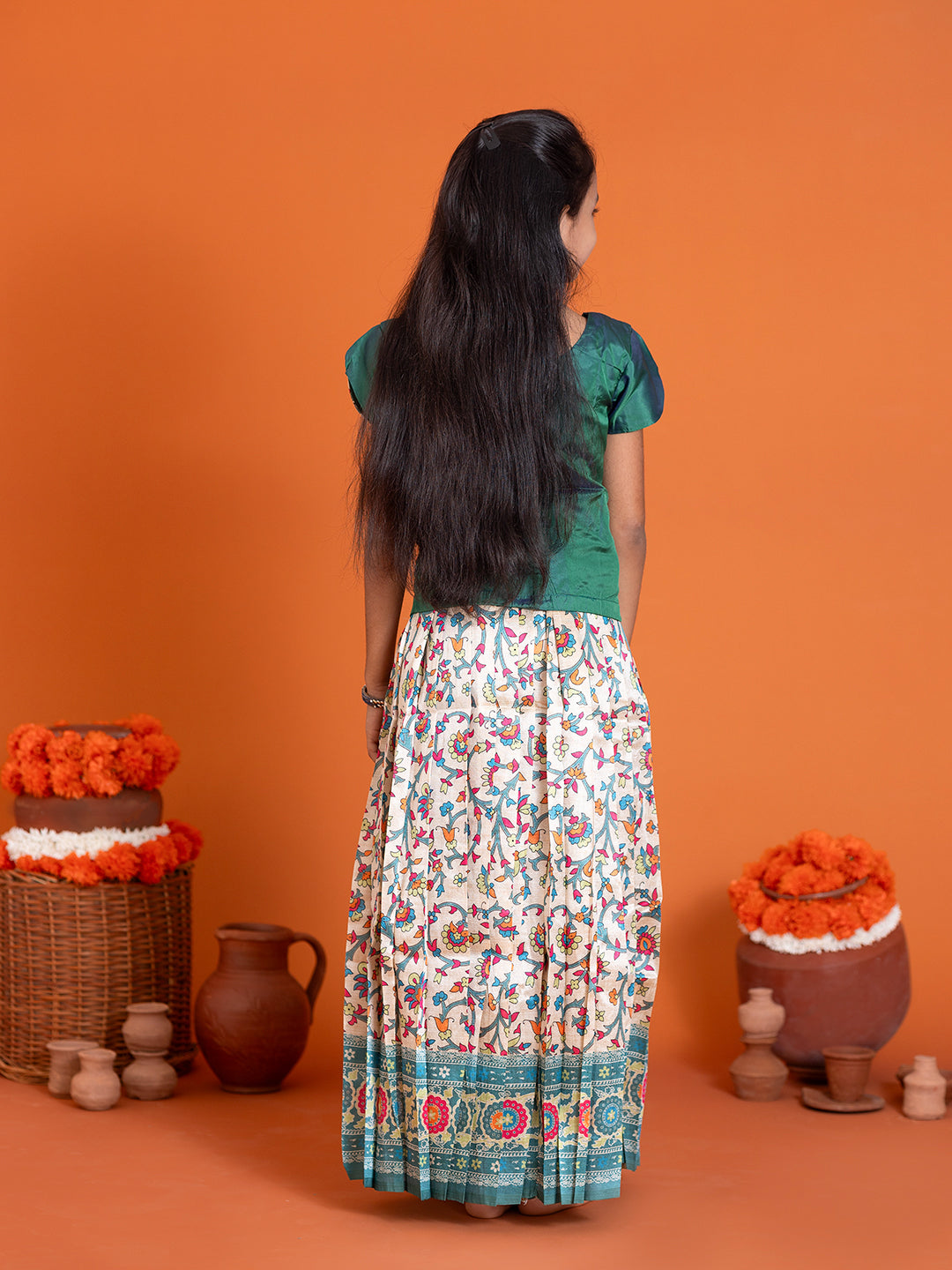 Girls Pattu Pavadai Set Green with Sandal Traditional Ethnic Wear GPS36