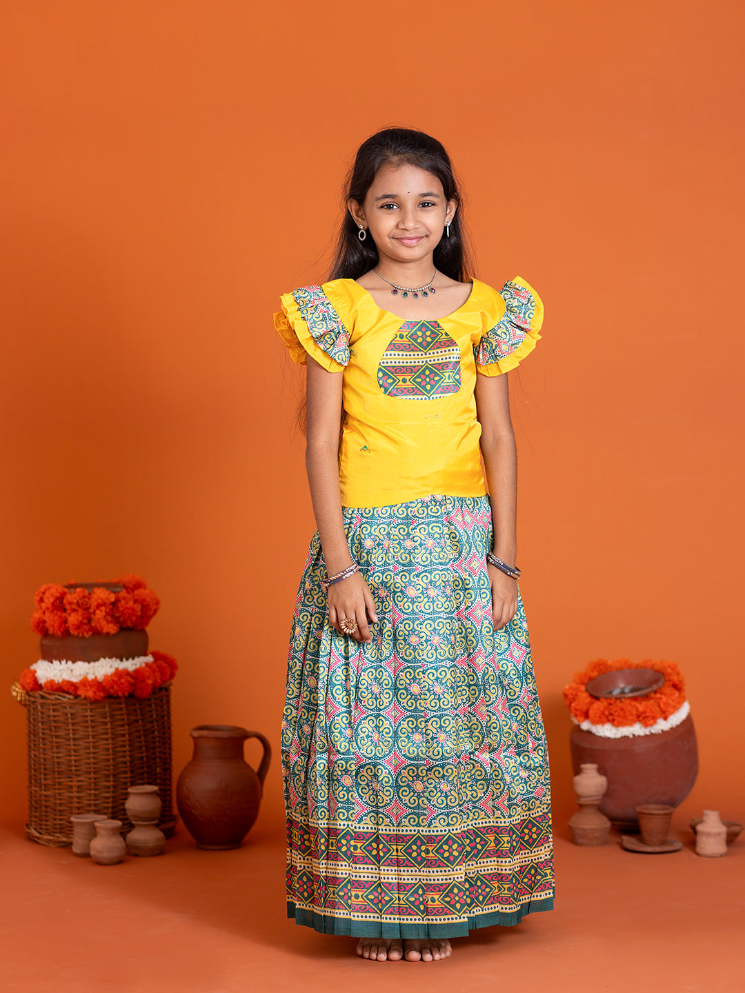Girls Pattu Pavadai Set Yellow with Green Traditional Ethnic Wear GPS38