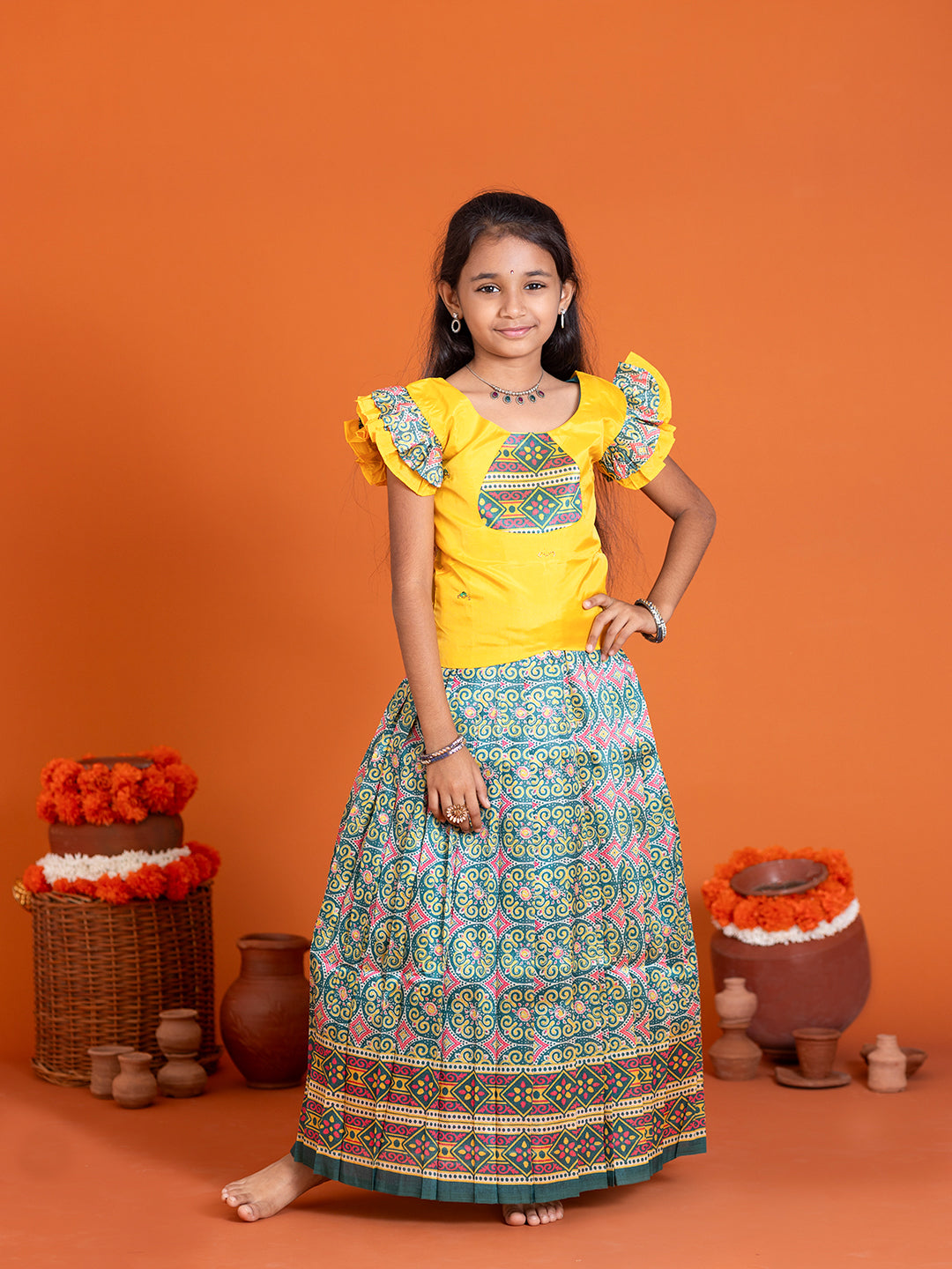 Girls Pattu Pavadai Set Yellow with Green Traditional Ethnic Wear GPS38