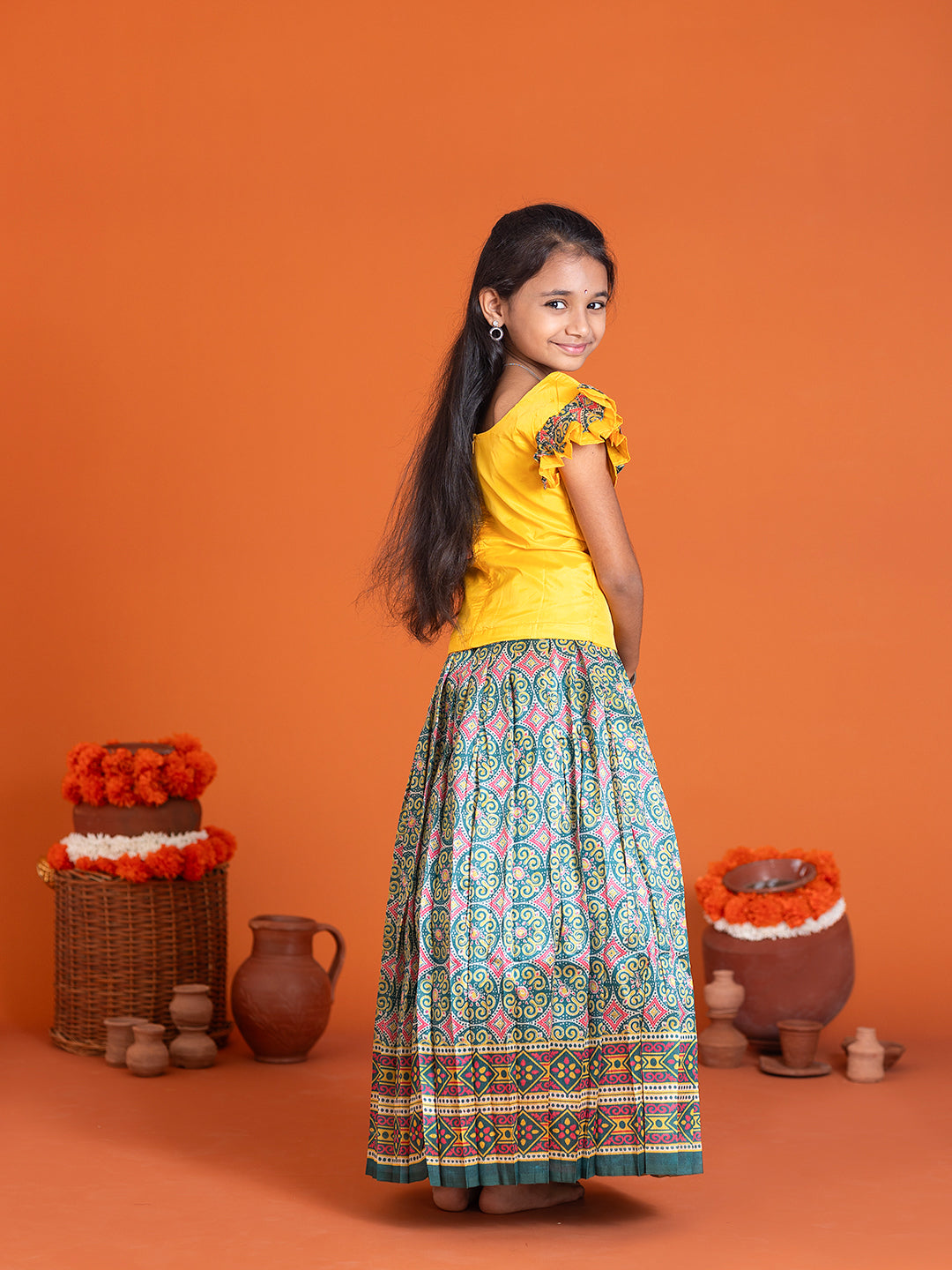 Girls Pattu Pavadai Set Yellow with Green Traditional Ethnic Wear GPS38