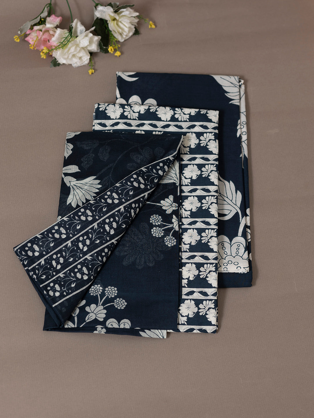 Women Pure Cotton Printed Dress Material Navy Blue DM299
