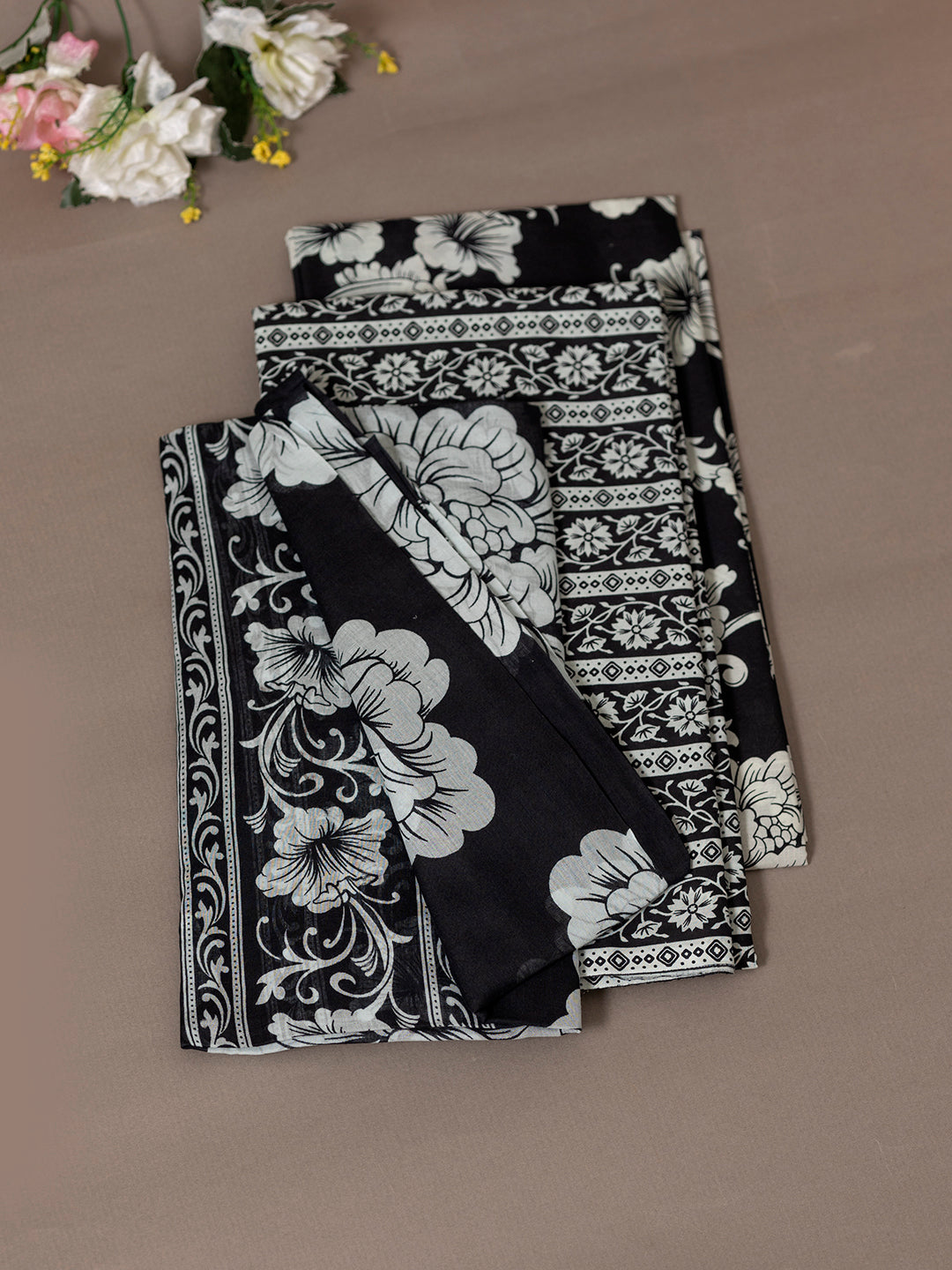 Women Pure Cotton Printed Dress Material Black DM292