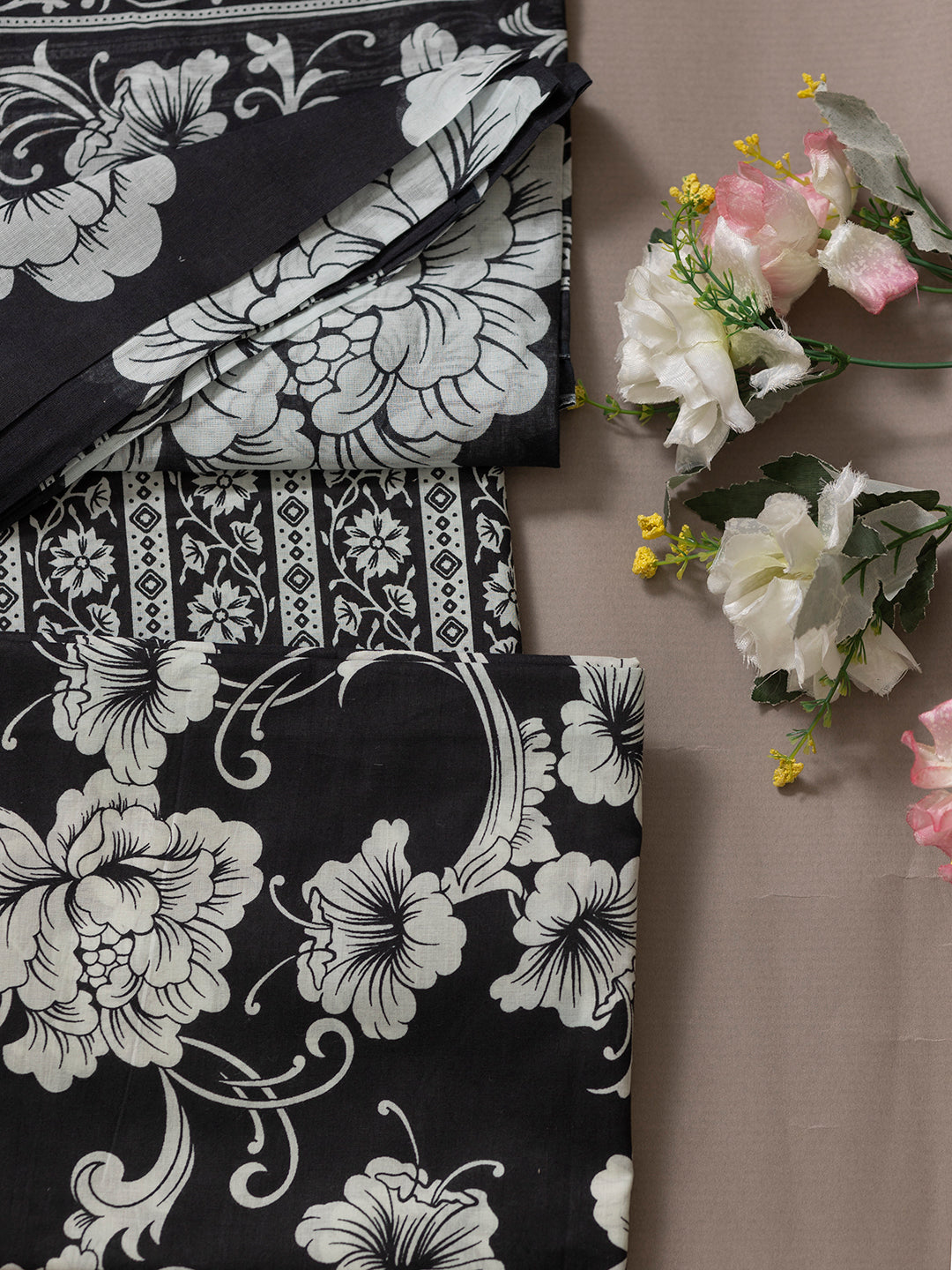 Women Pure Cotton Printed Dress Material Black DM292
