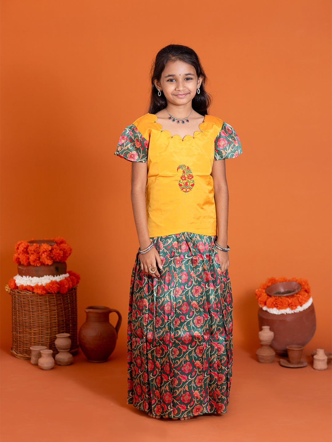 Girls Pattu Pavadai Set Yellow with Green Traditional Ethnic Wear GPS31