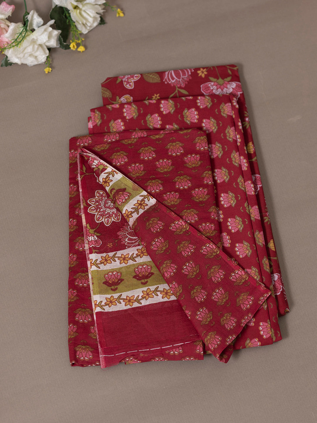 Women Pure Cotton Printed Dress Material Maroon DM295