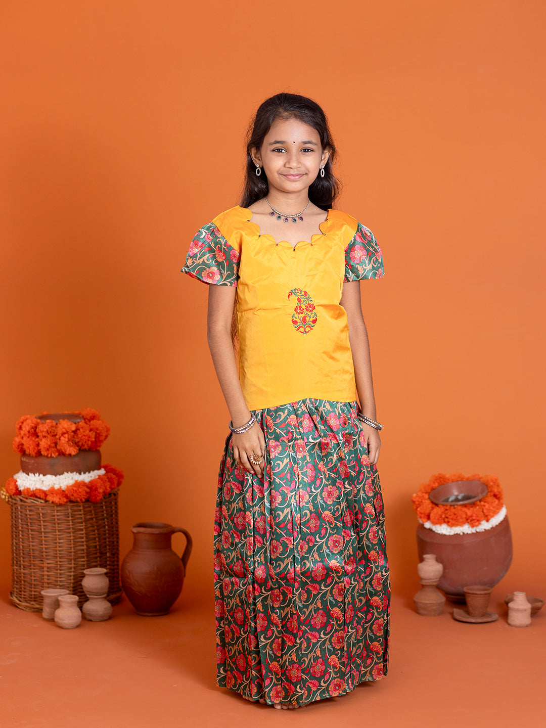 Girls Pattu Pavadai Set Yellow with Green Traditional Ethnic Wear GPS31
