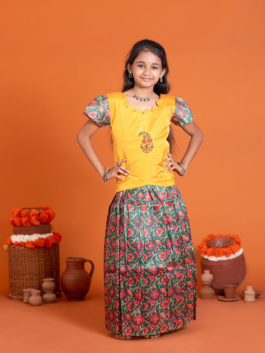 Girls Pattu Pavadai Set Yellow with Green Traditional Ethnic Wear GPS31