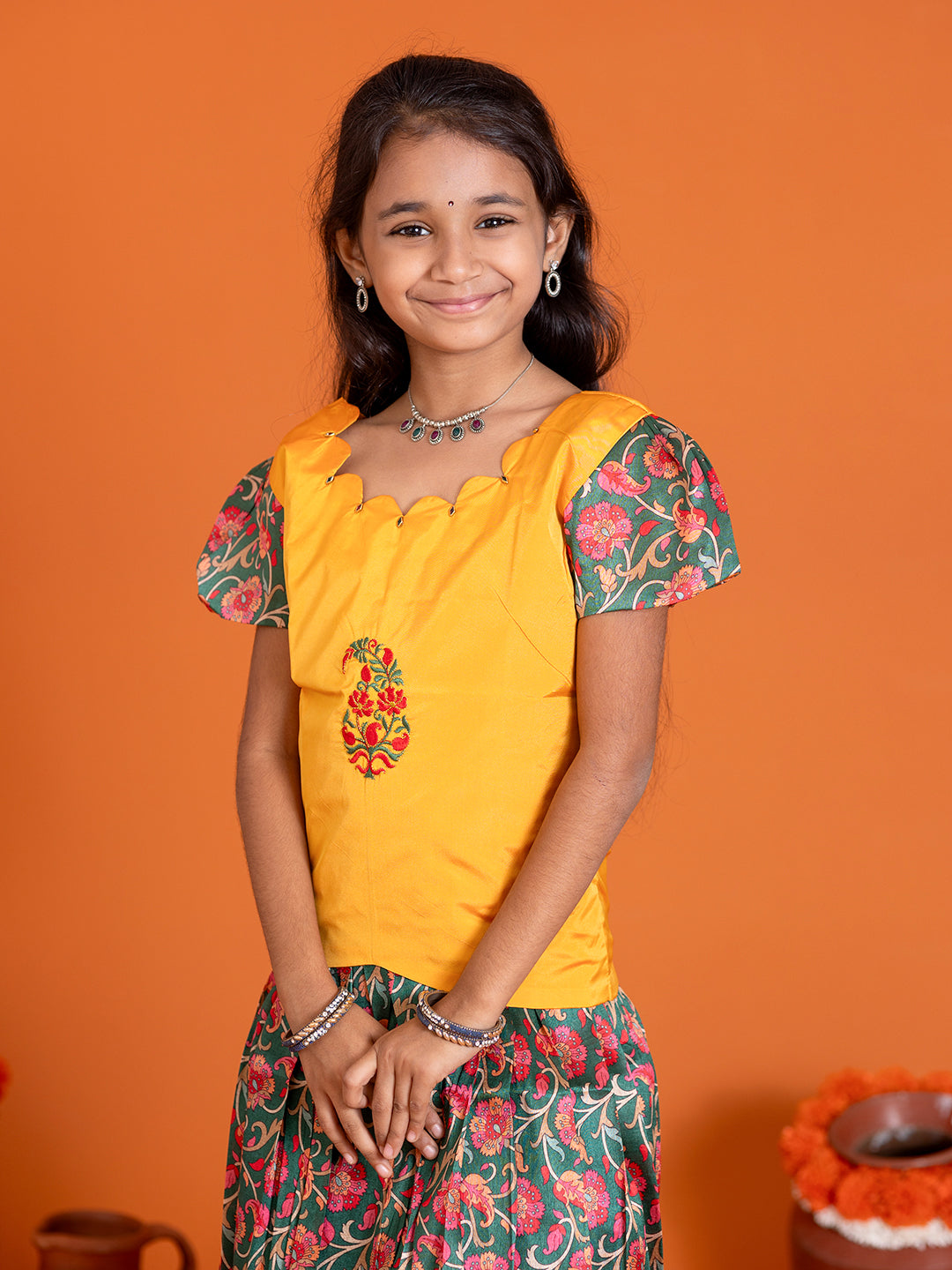 Girls Pattu Pavadai Set Yellow with Green Traditional Ethnic Wear GPS31