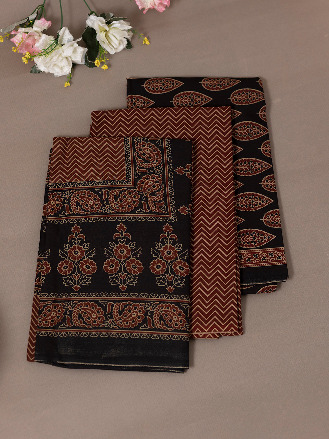 Women Pure Cotton Printed Dress Material Brown DM291