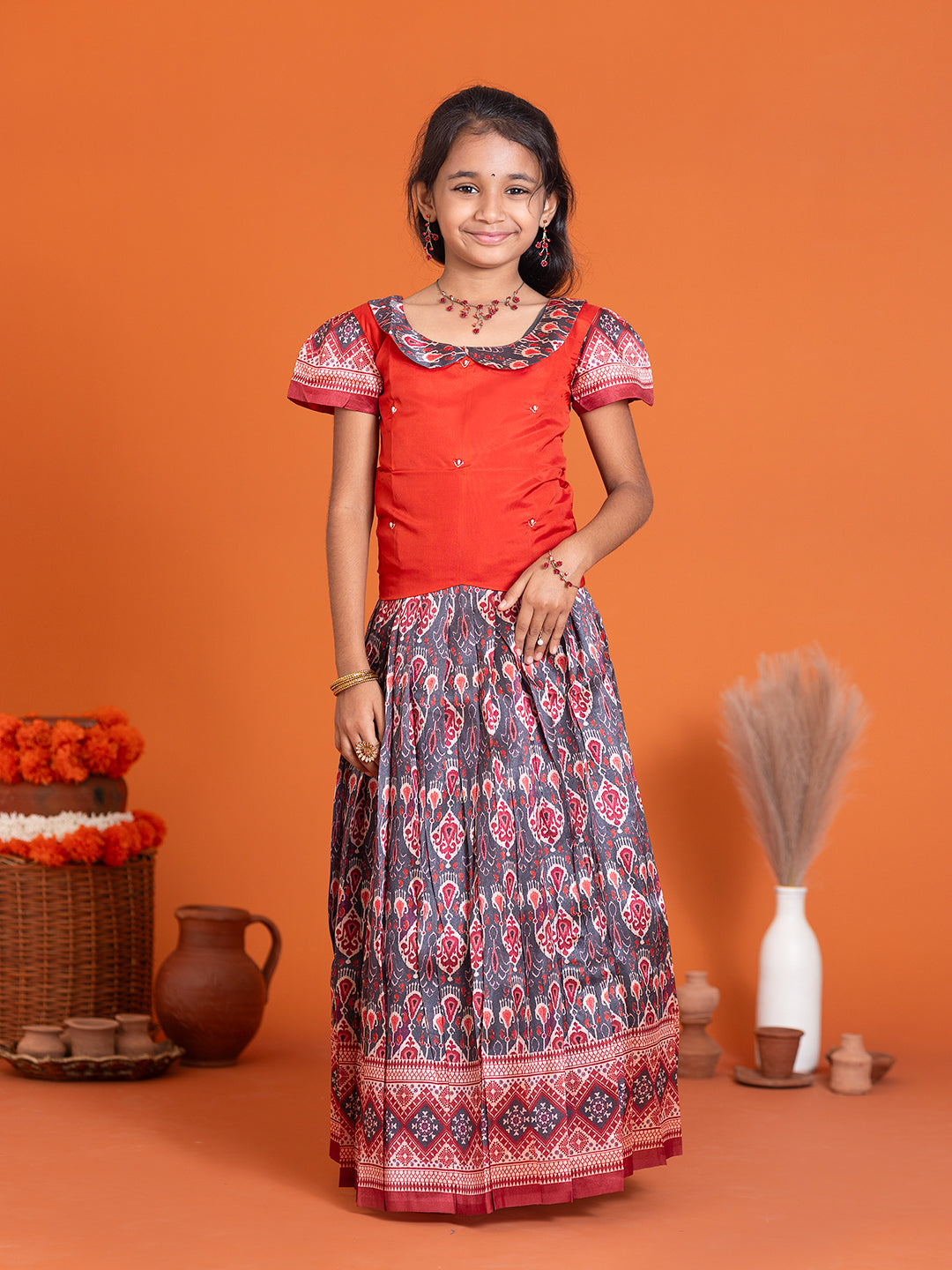 Girls Pattu Pavadai Set Red with Grey Traditional Ethnic Wear GPS30