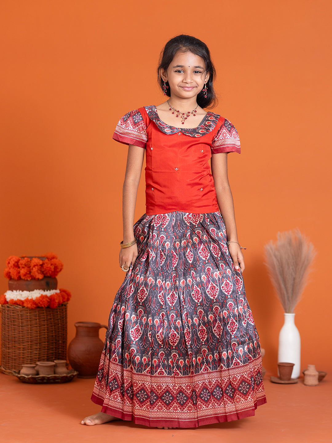 Girls Pattu Pavadai Set Red with Grey Traditional Ethnic Wear GPS30