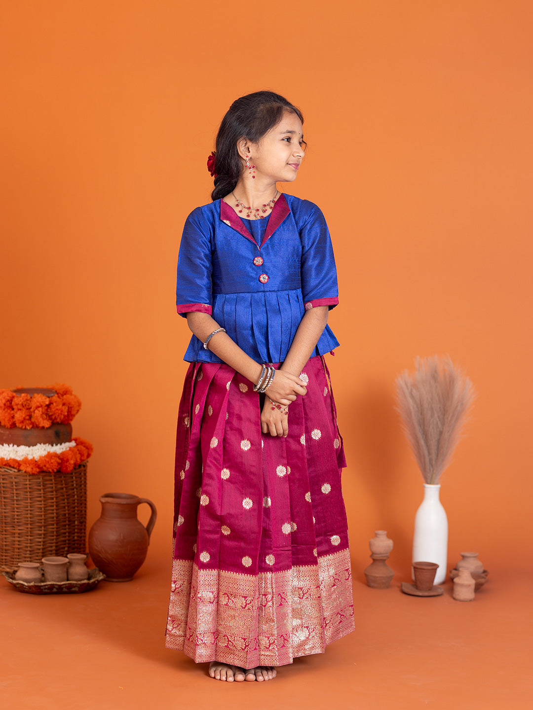 Girls Pattu Pavadai Set Blue with Majenta Traditional Ethnic Wear GPS35