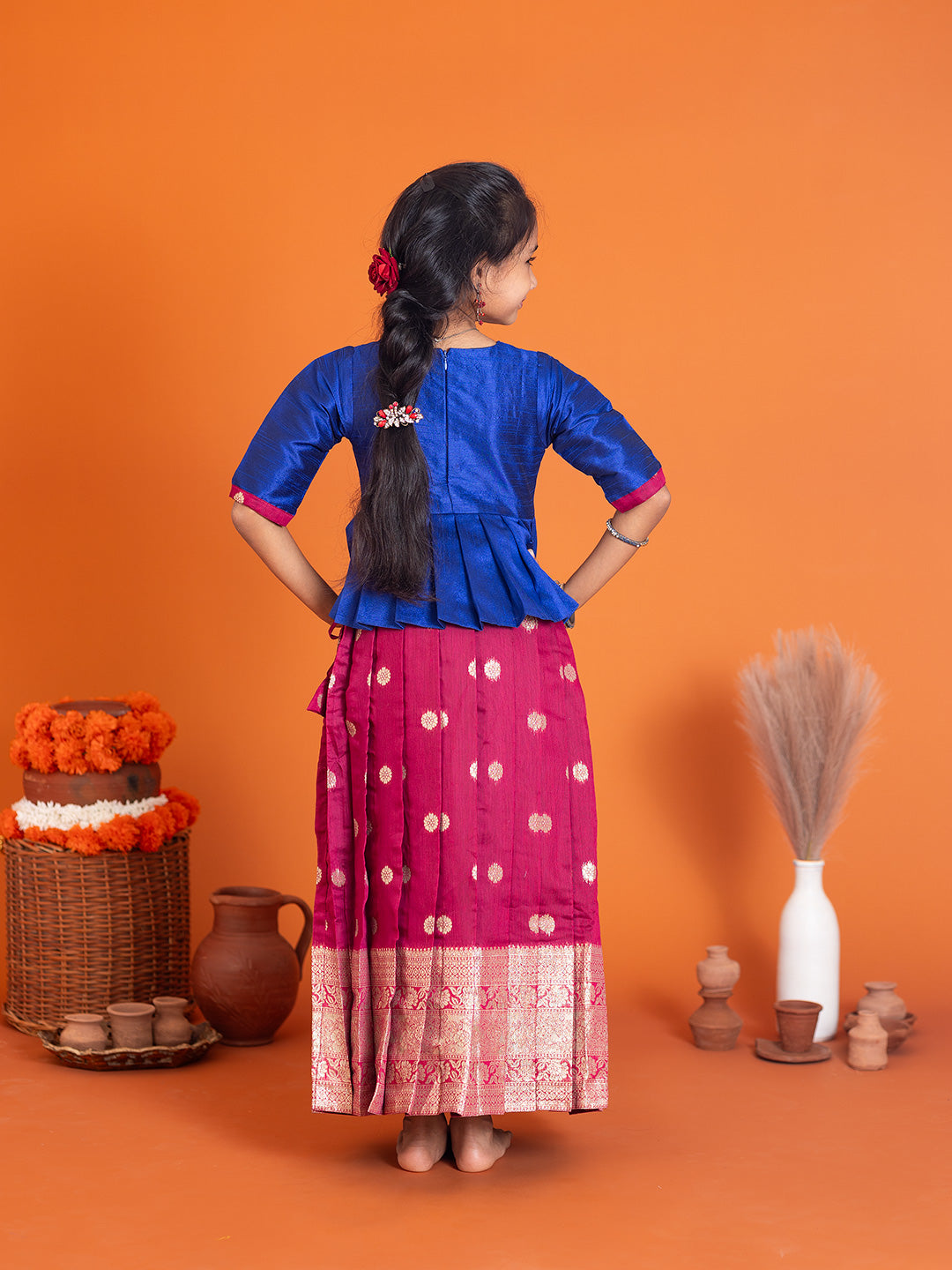 Girls Pattu Pavadai Set Blue with Majenta Traditional Ethnic Wear GPS35