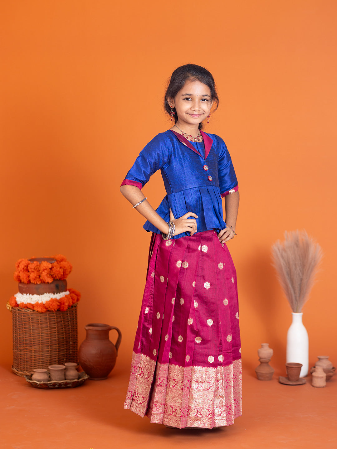 Girls Pattu Pavadai Set Blue with Majenta Traditional Ethnic Wear GPS35