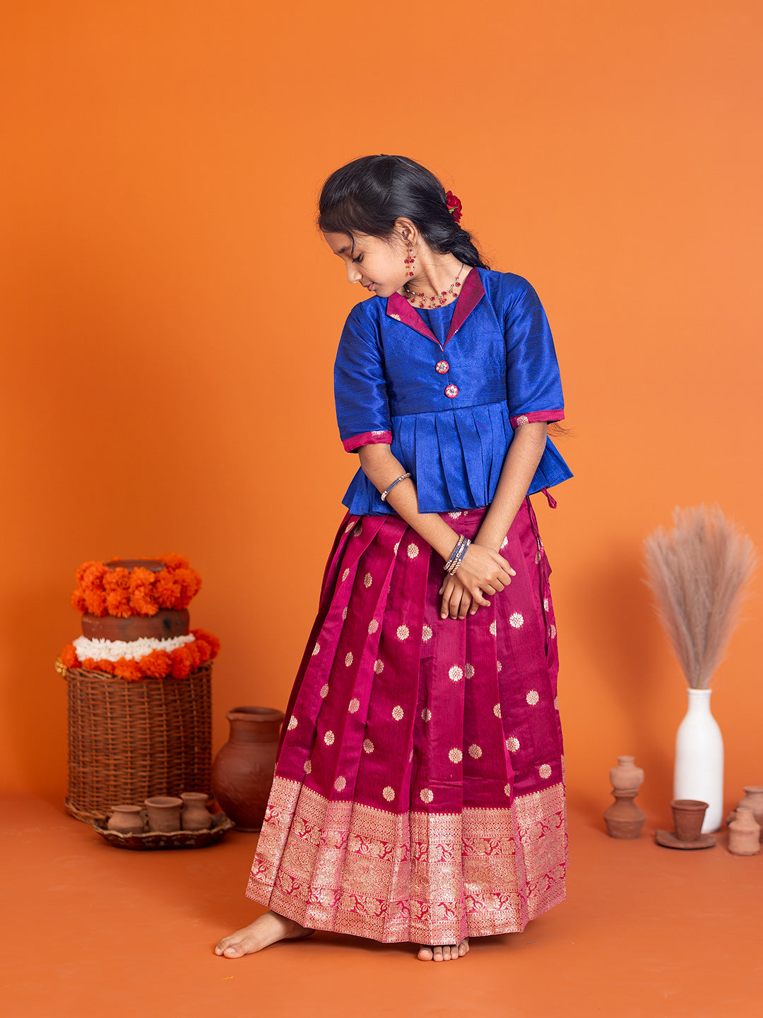Girls Pattu Pavadai Set Blue with Majenta Traditional Ethnic Wear GPS35
