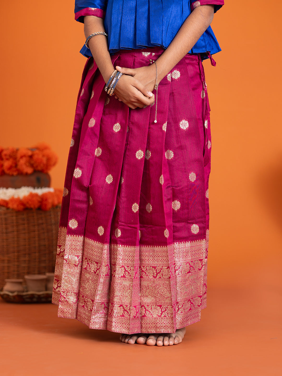 Girls Pattu Pavadai Set Blue with Majenta Traditional Ethnic Wear GPS35