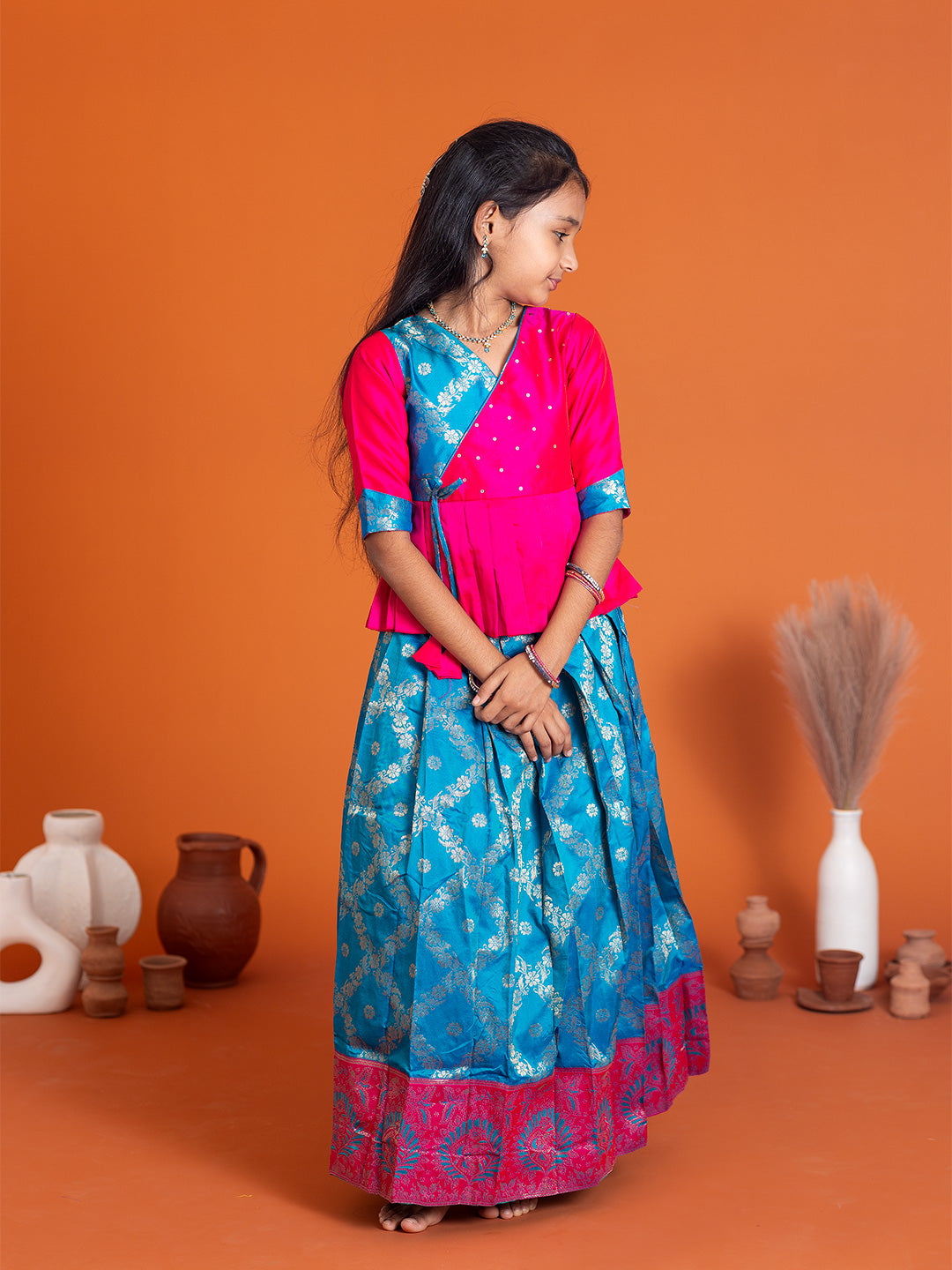 Girls Pattu Pavadai Set Pink with Blue Traditional Ethnic Wear GPS33