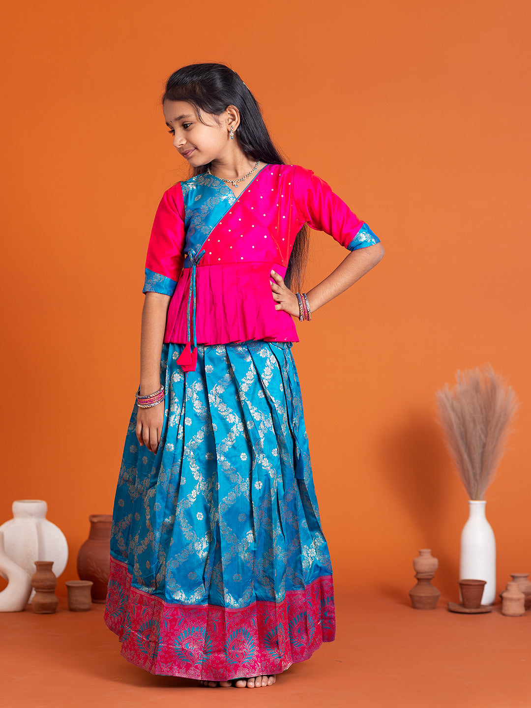 Girls Pattu Pavadai Set Pink with Blue Traditional Ethnic Wear GPS33