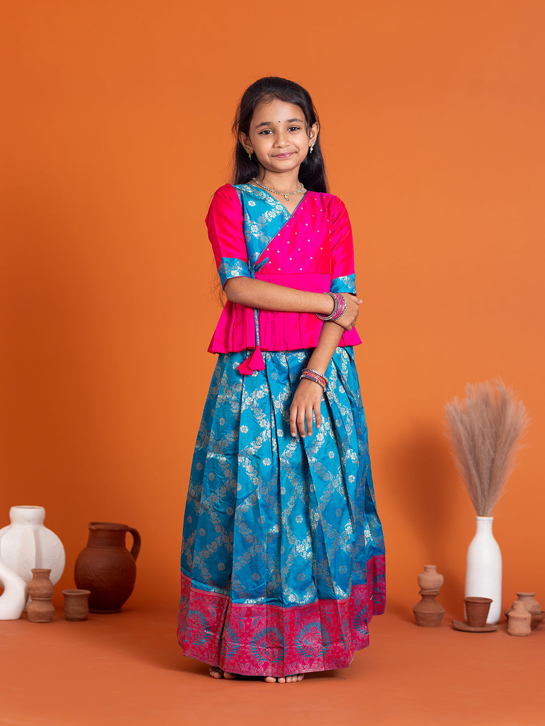 Girls Pattu Pavadai Set Pink with Blue Traditional Ethnic Wear GPS33
