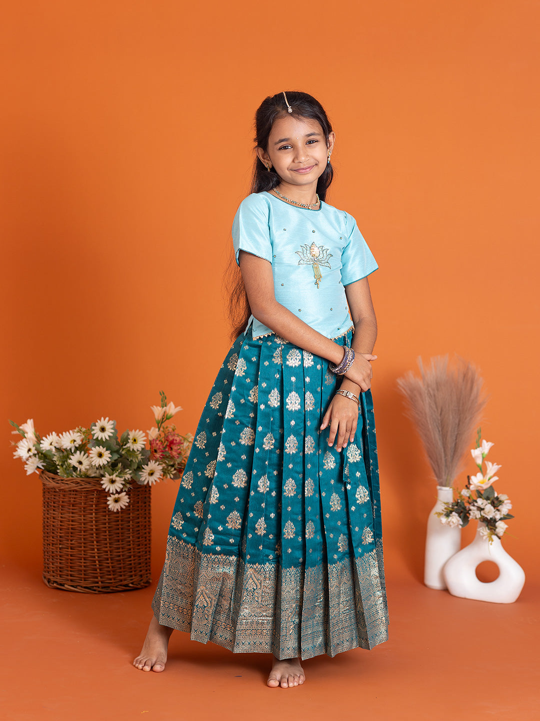Girls Pattu Pavadai Set Mint Blue with Peacock Blue Traditional Ethnic Wear GPS32