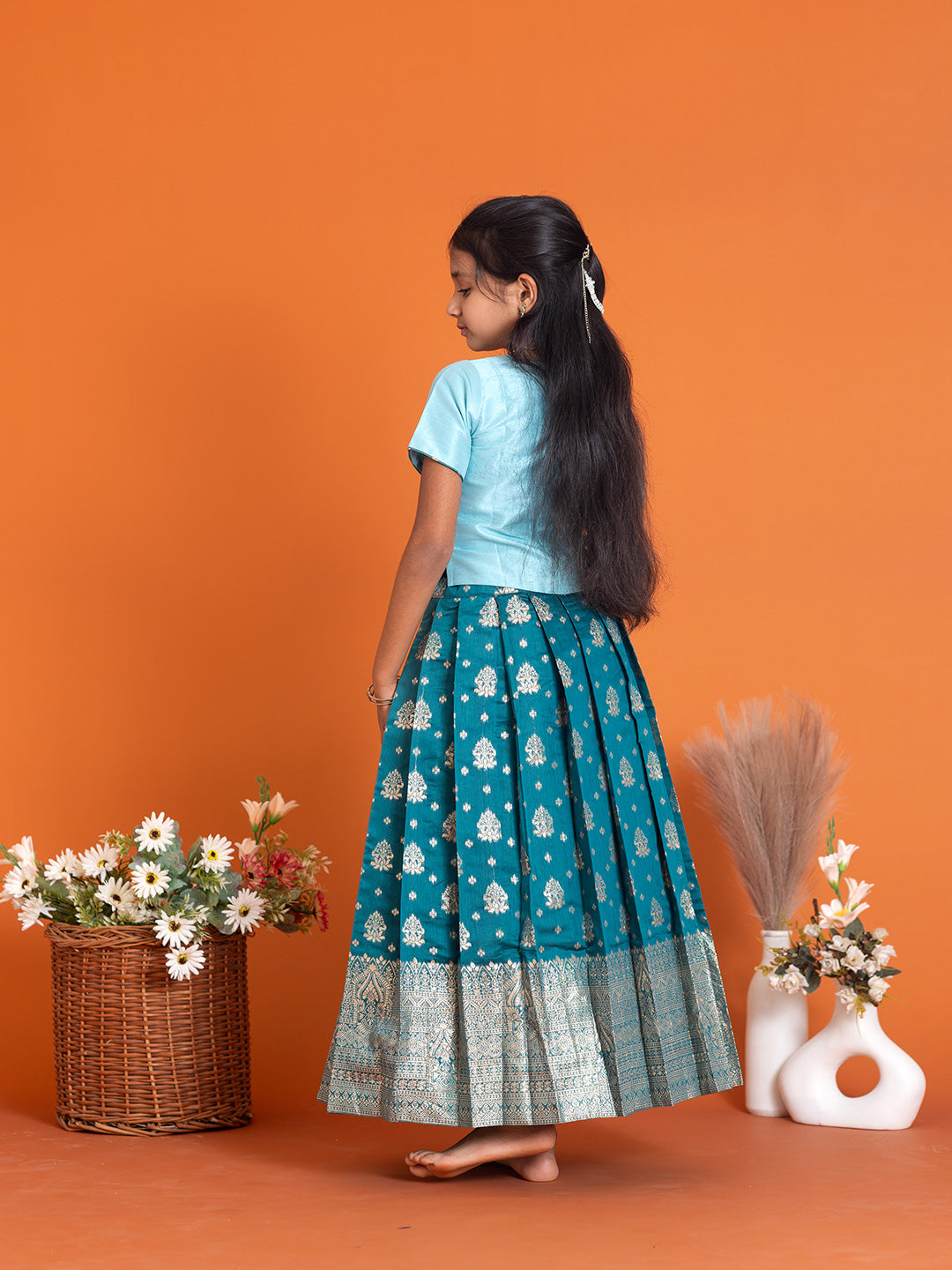 Girls Pattu Pavadai Set Mint Blue with Peacock Blue Traditional Ethnic Wear GPS32