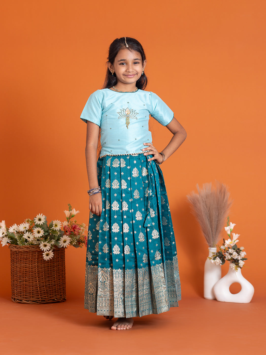 Girls Pattu Pavadai Set Mint Blue with Peacock Blue Traditional Ethnic Wear GPS32