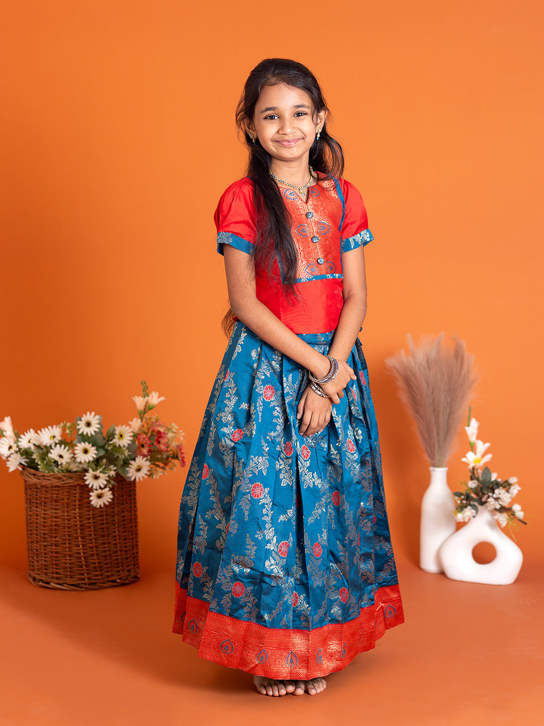 Girls Pattu Pavadai Set Red with Blue Traditional Ethnic Wear GPS29