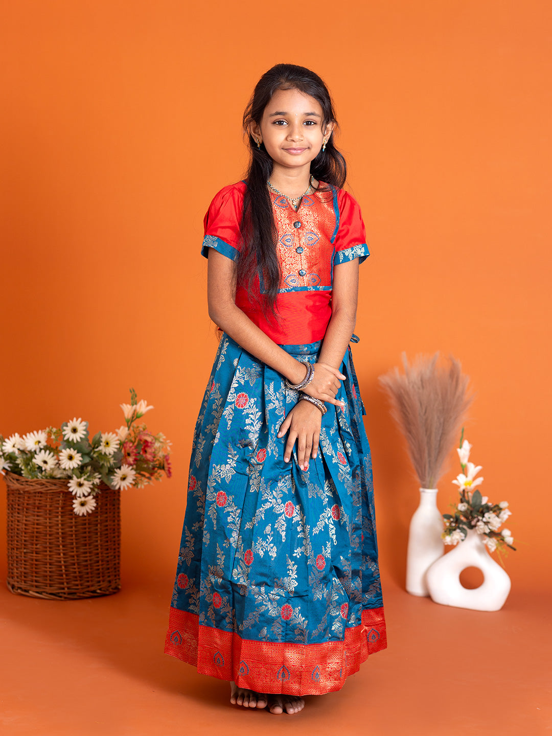 Girls Pattu Pavadai Set Red with Blue Traditional Ethnic Wear GPS29