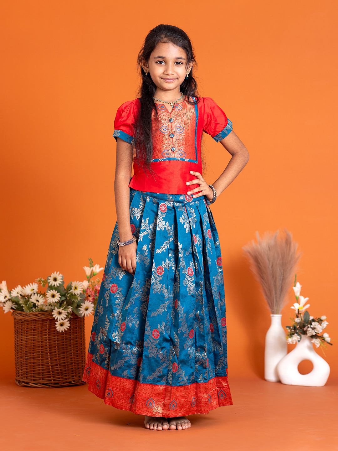 Girls Pattu Pavadai Set Red with Blue Traditional Ethnic Wear GPS29