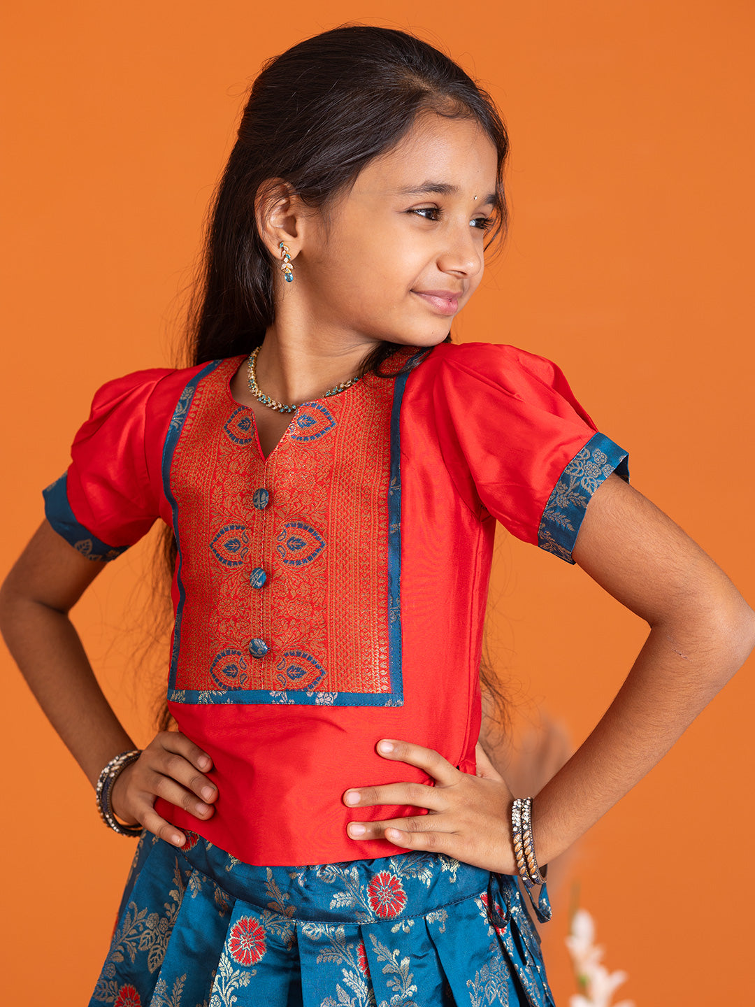 Girls Pattu Pavadai Set Red with Blue Traditional Ethnic Wear GPS29