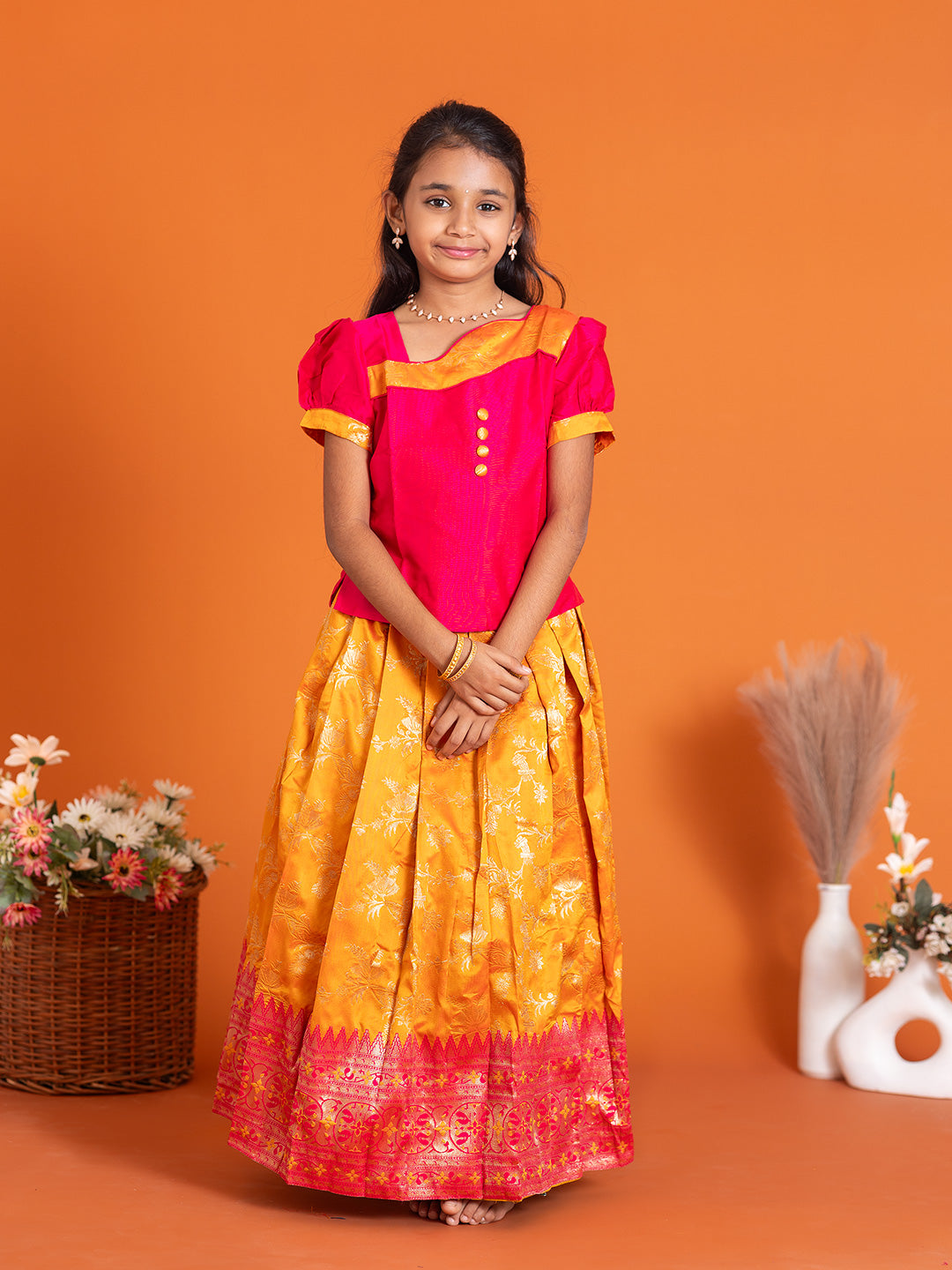 Girls Pattu Pavadai Set Pink with Orange Traditional Ethnic Wear GPS39