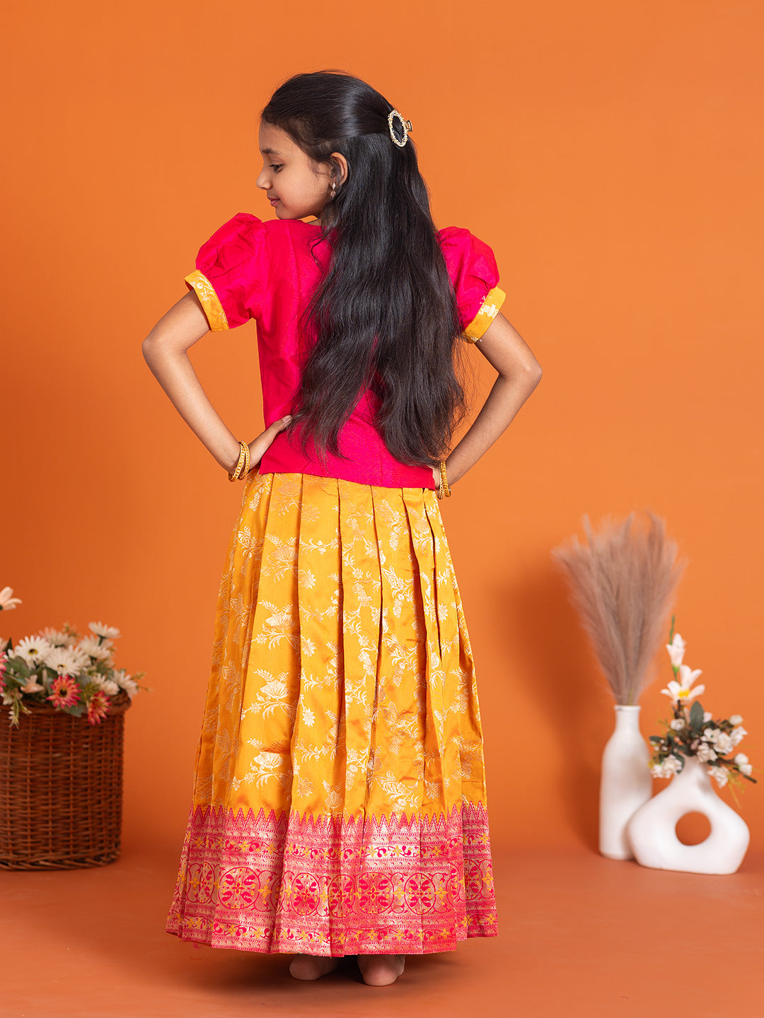 Girls Pattu Pavadai Set Pink with Orange Traditional Ethnic Wear GPS39