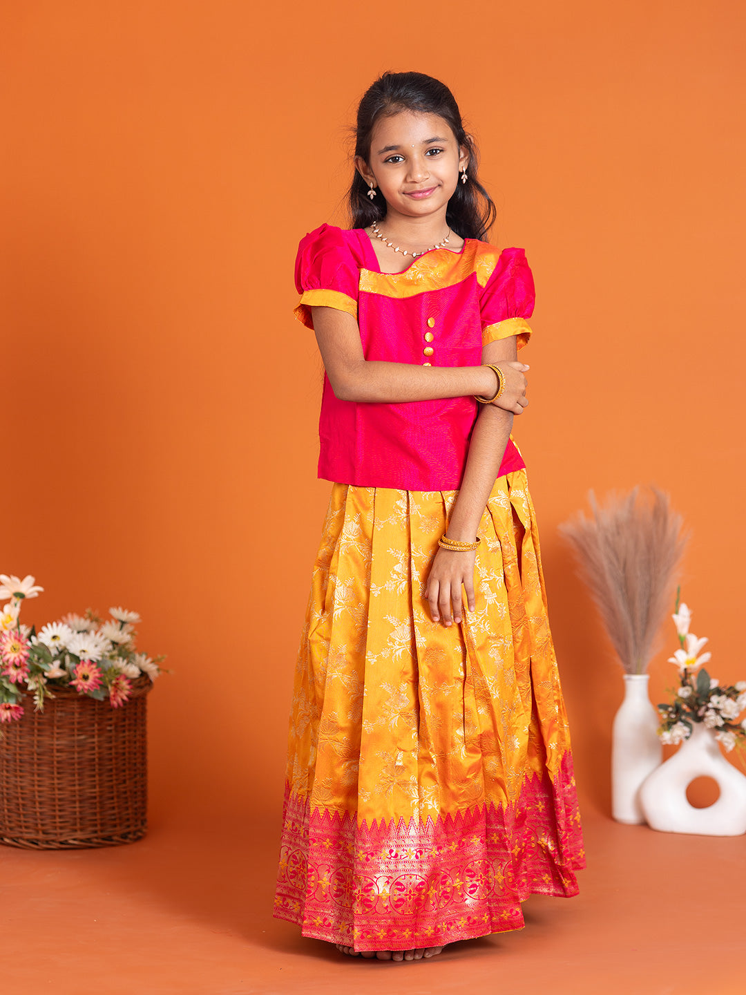 Girls Pattu Pavadai Set Pink with Orange Traditional Ethnic Wear GPS39