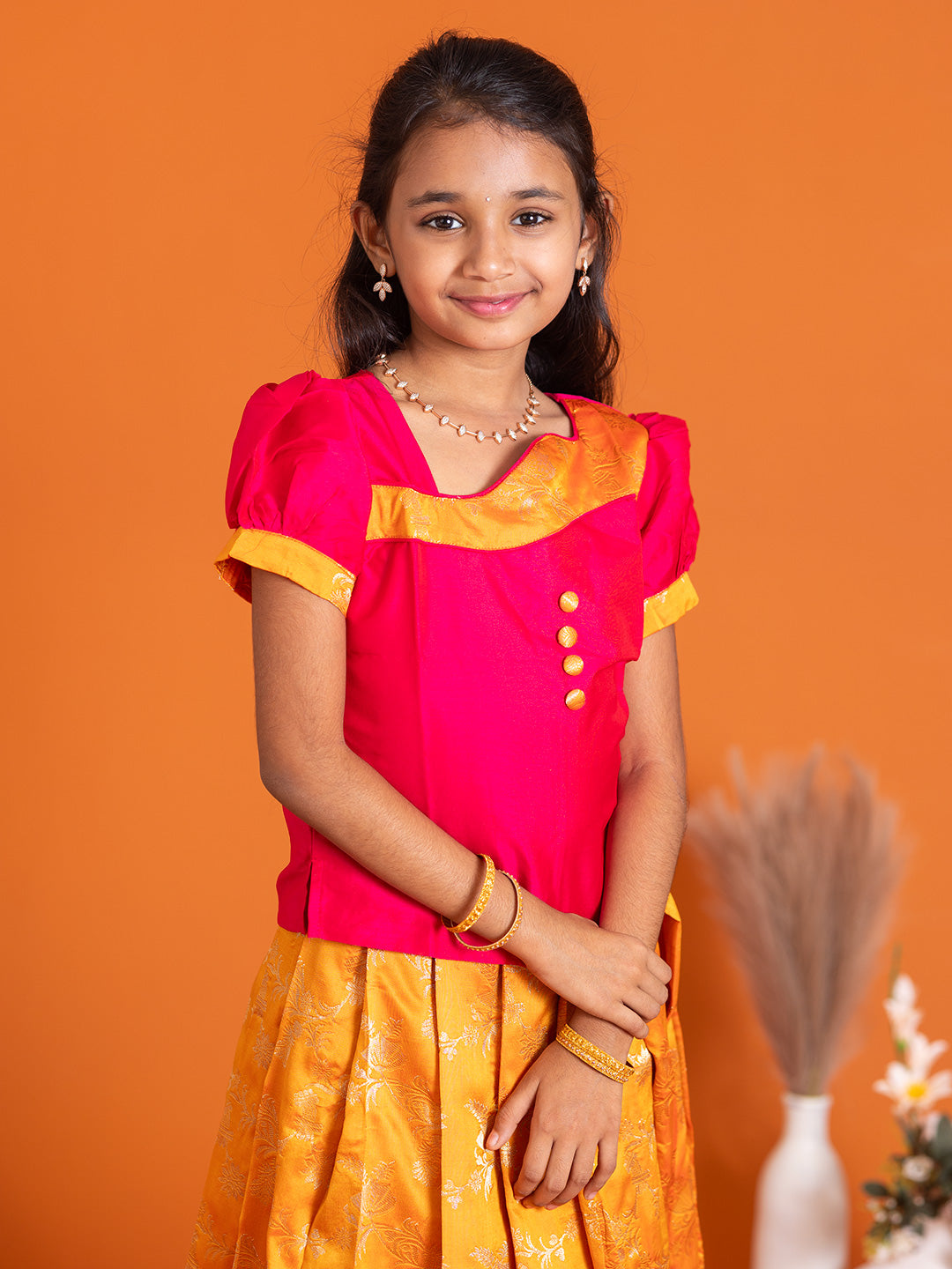 Girls Pattu Pavadai Set Pink with Orange Traditional Ethnic Wear GPS39