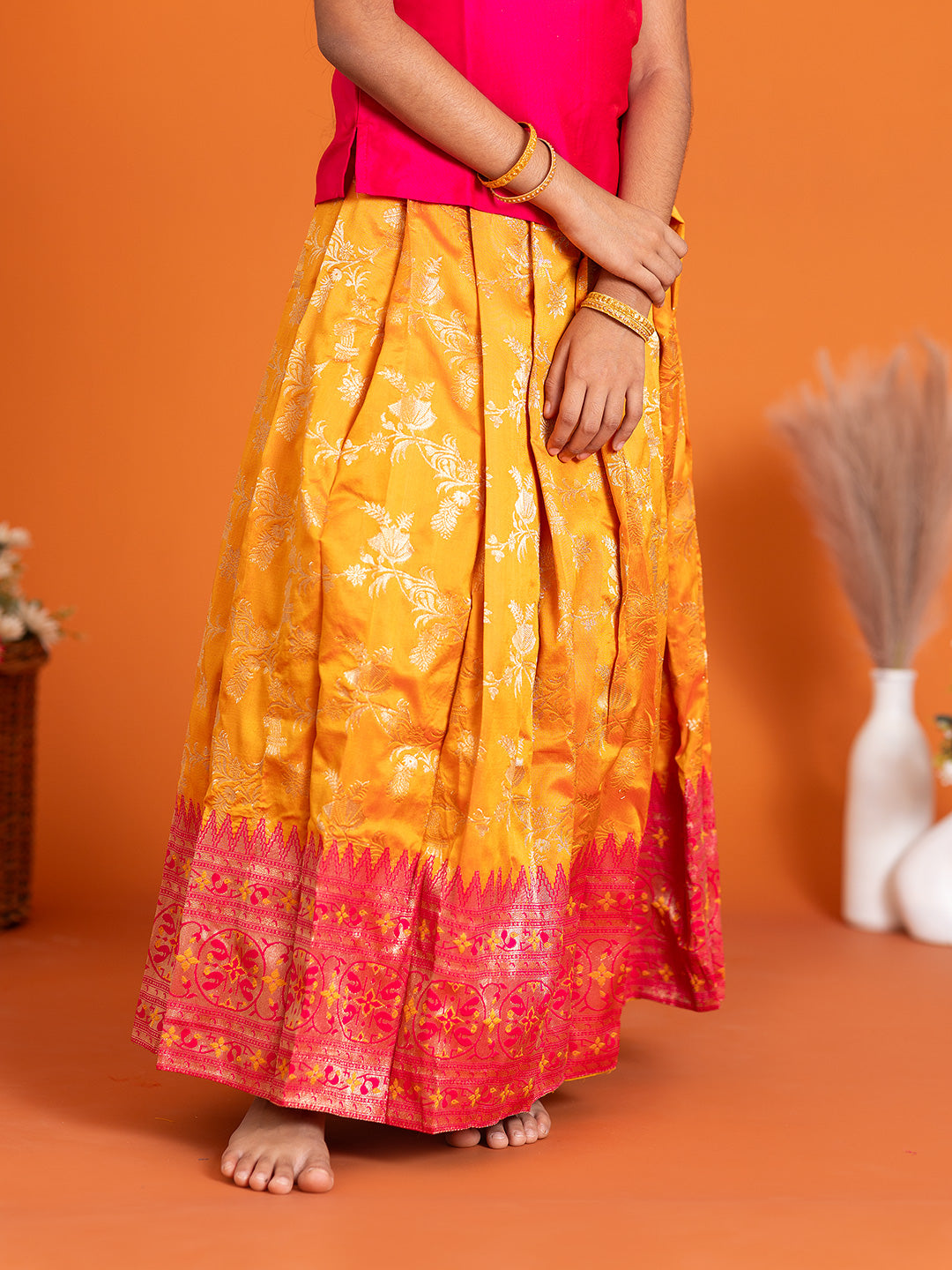 Girls Pattu Pavadai Set Pink with Orange Traditional Ethnic Wear GPS39
