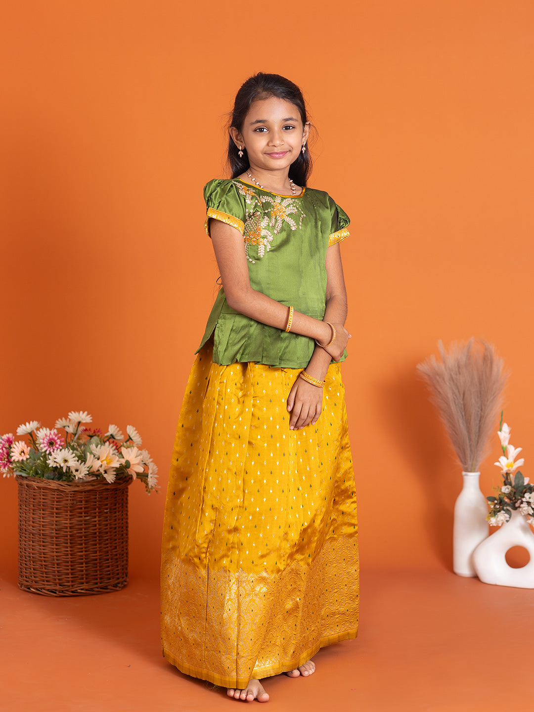 Girls Pattu Pavadai Set Green with Gold Traditional Ethnic Wear GPS28