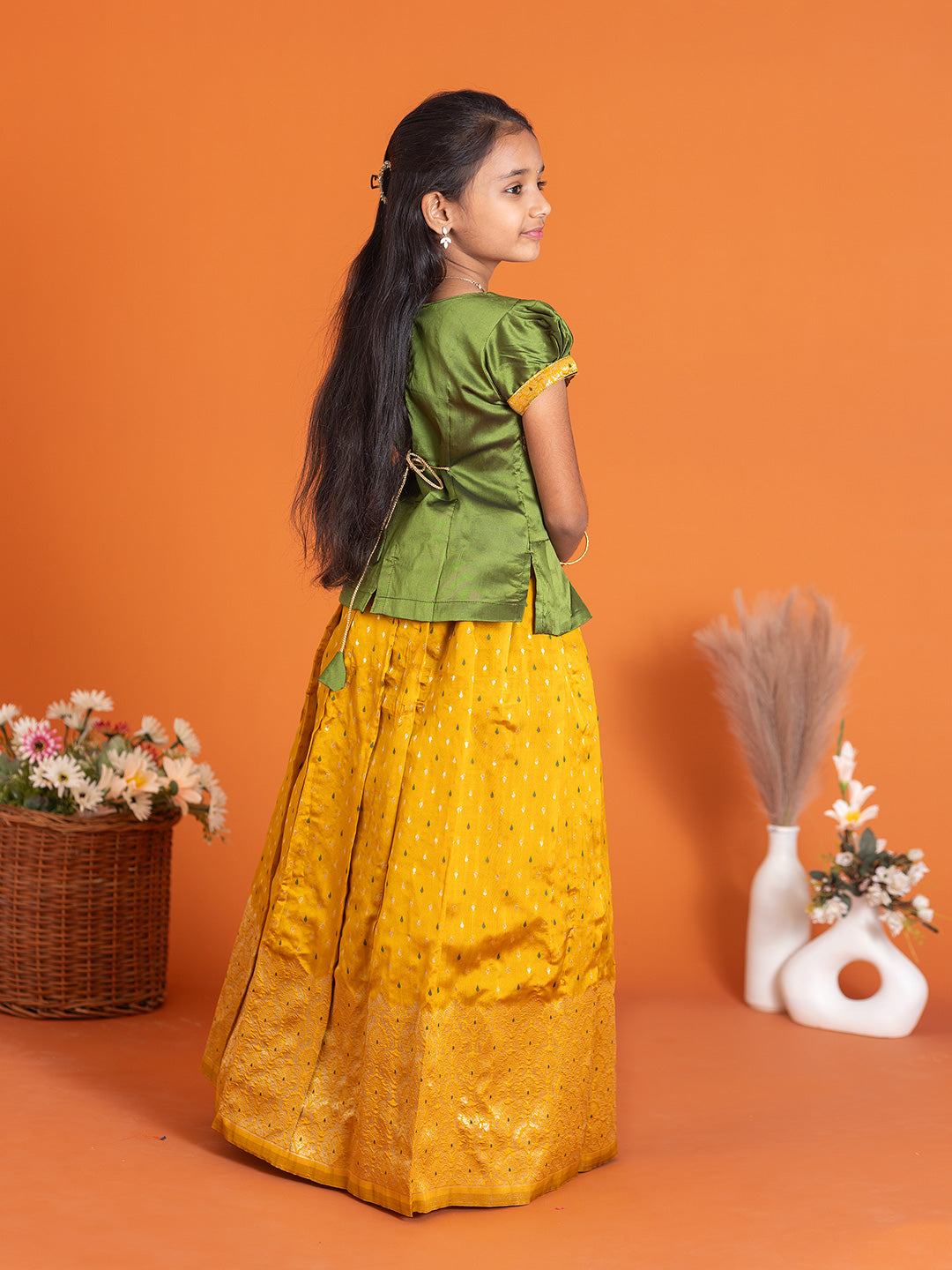 Girls Pattu Pavadai Set Green with Gold Traditional Ethnic Wear GPS28