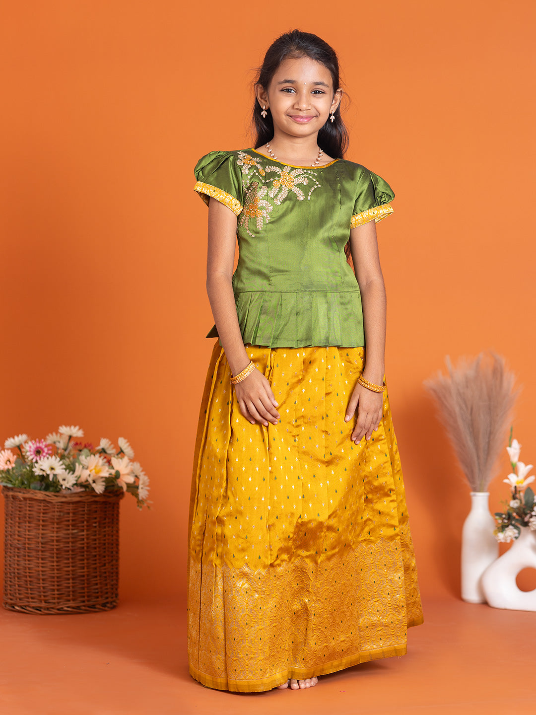 Girls Pattu Pavadai Set Green with Gold Traditional Ethnic Wear GPS28