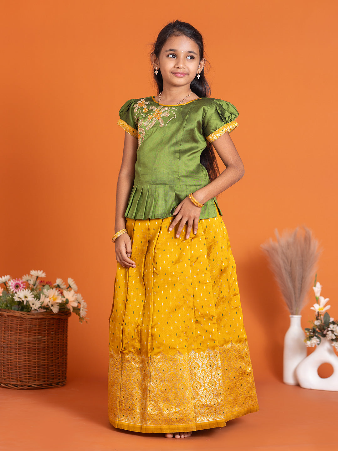 Girls Pattu Pavadai Set Green with Gold Traditional Ethnic Wear GPS28