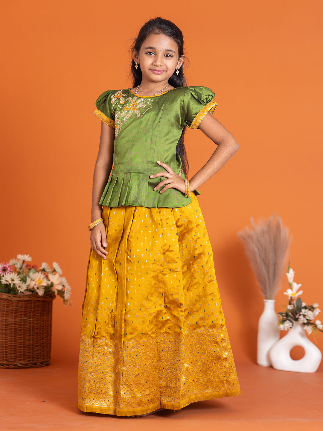 Girls Pattu Pavadai Set Green with Gold Traditional Ethnic Wear GPS28