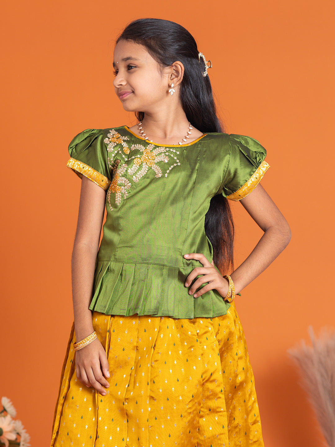 Girls Pattu Pavadai Set Green with Gold Traditional Ethnic Wear GPS28