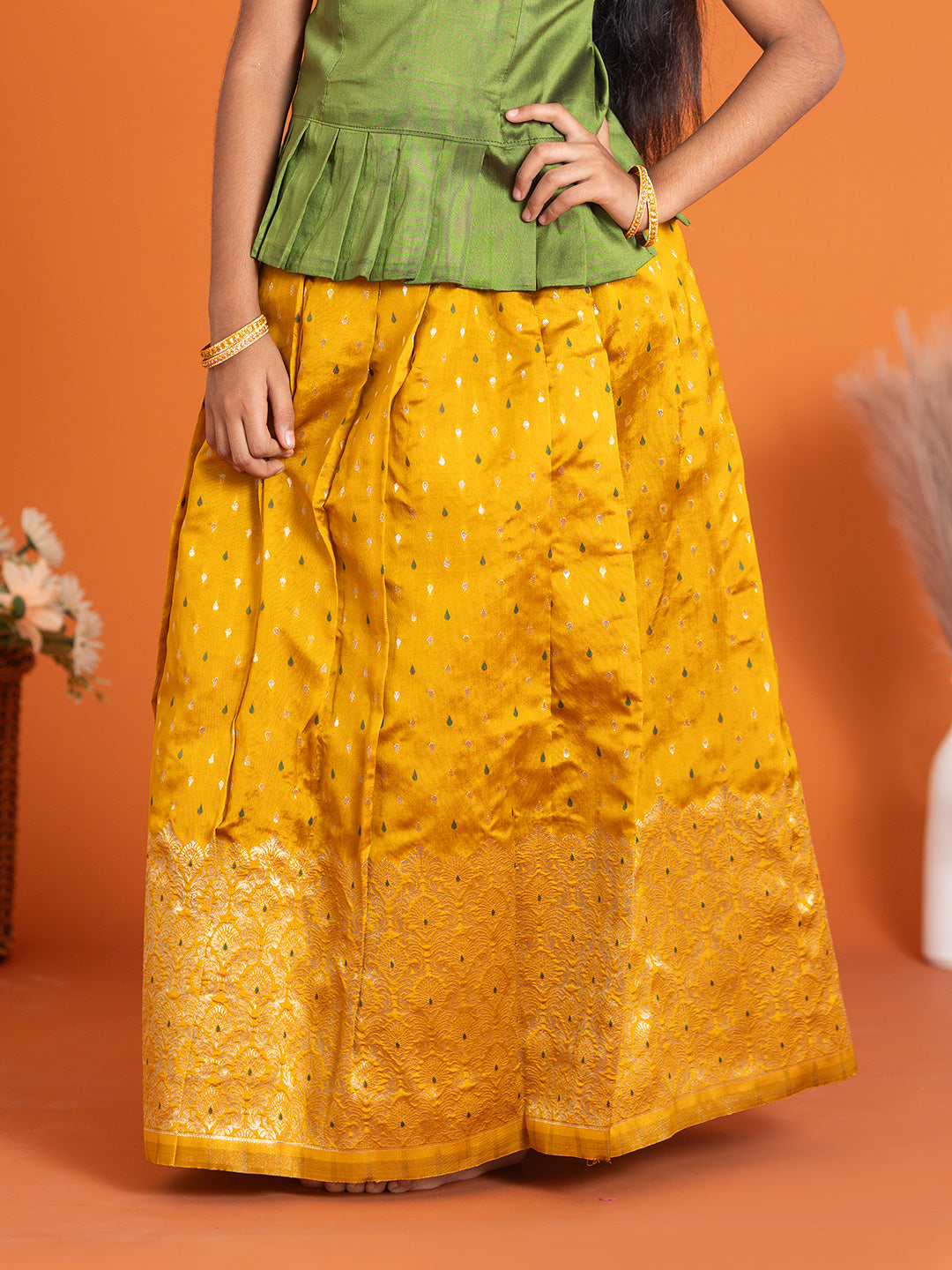 Girls Pattu Pavadai Set Green with Gold Traditional Ethnic Wear GPS28