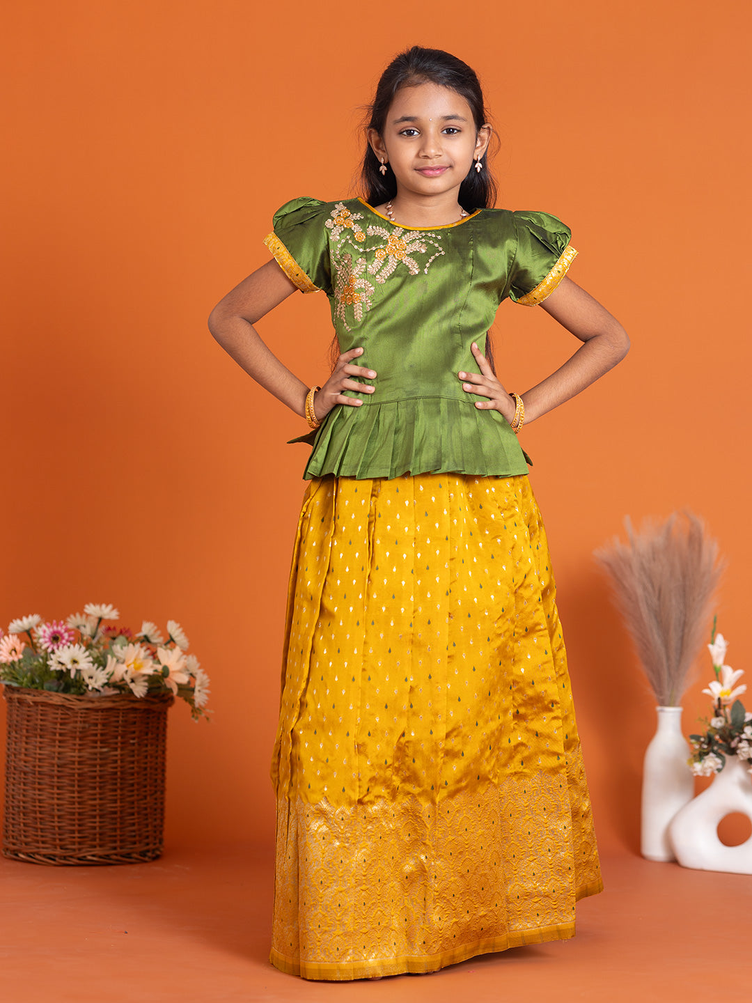Girls Pattu Pavadai Set Green with Gold Traditional Ethnic Wear GPS28