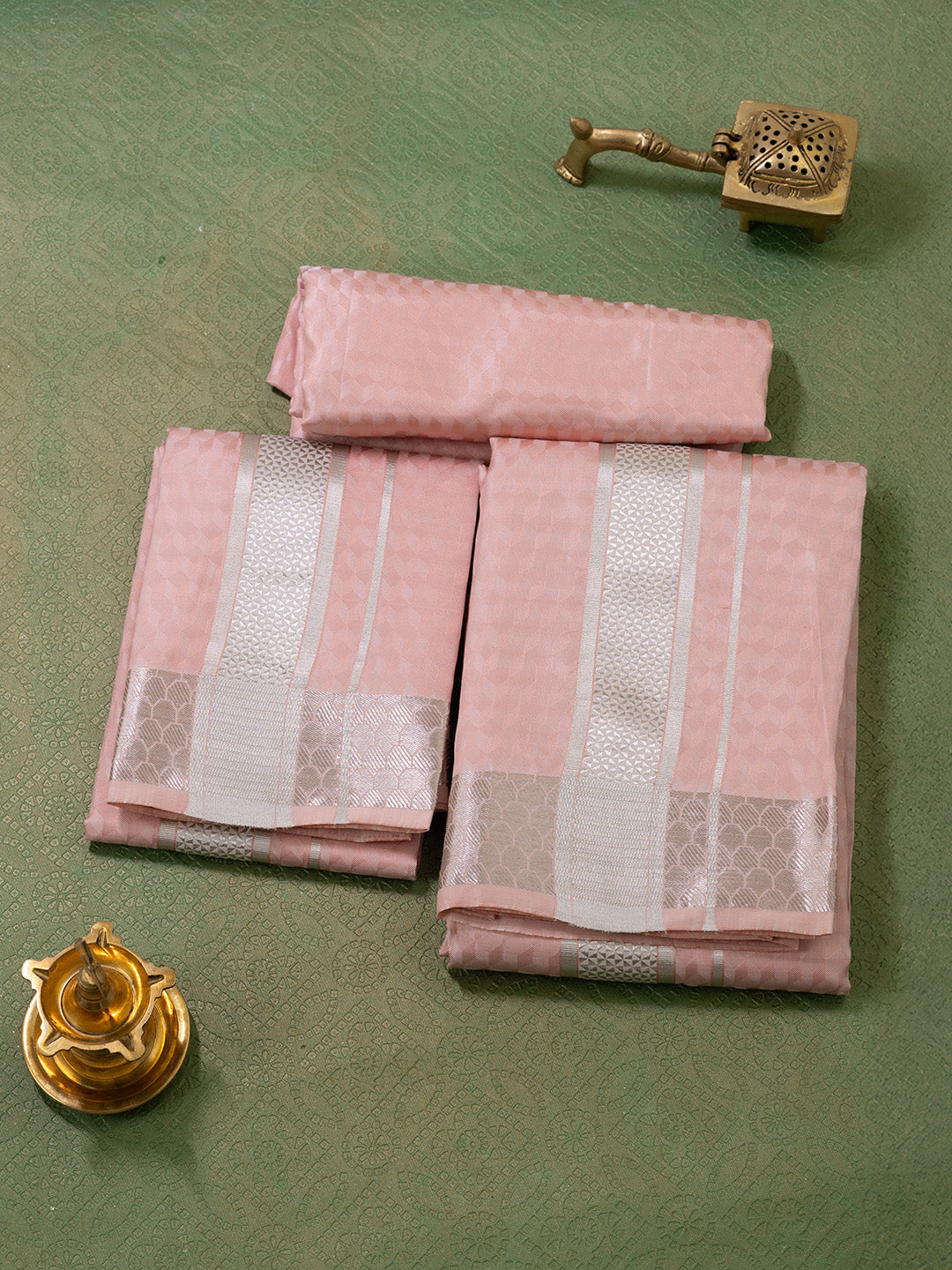 Men Pure Silk Light Copper Dhoti Shirting & Towel Set with 2 1/2 " inch Silver Jari Border RJ05