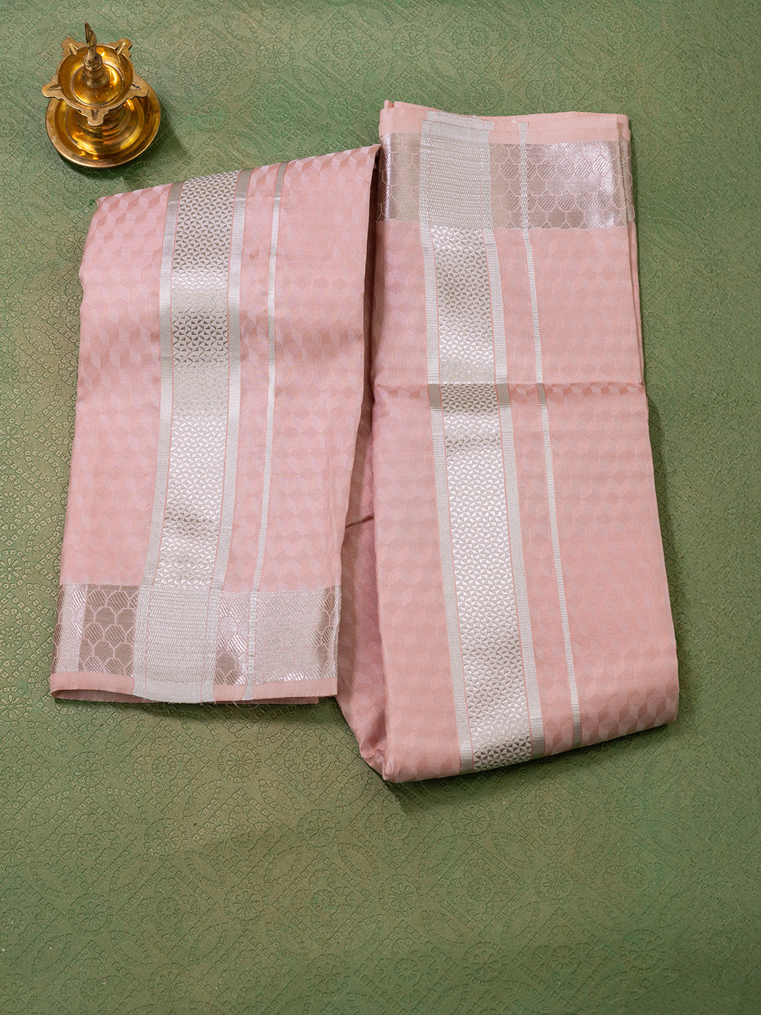 Men Pure Silk Light Copper Dhoti Shirting & Towel Set with 2 1/2 " inch Silver Jari Border RJ05
