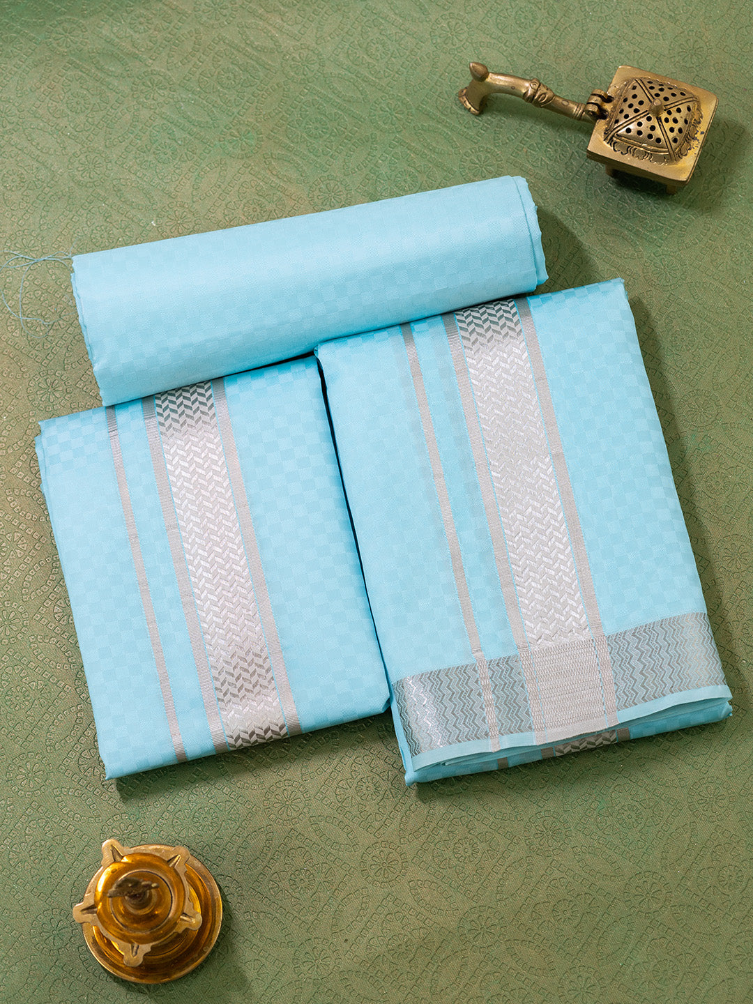 Men Pure Silk Blue Dhoti Shirting & Towel Set with 2" inch Silver Jari Border RJ02