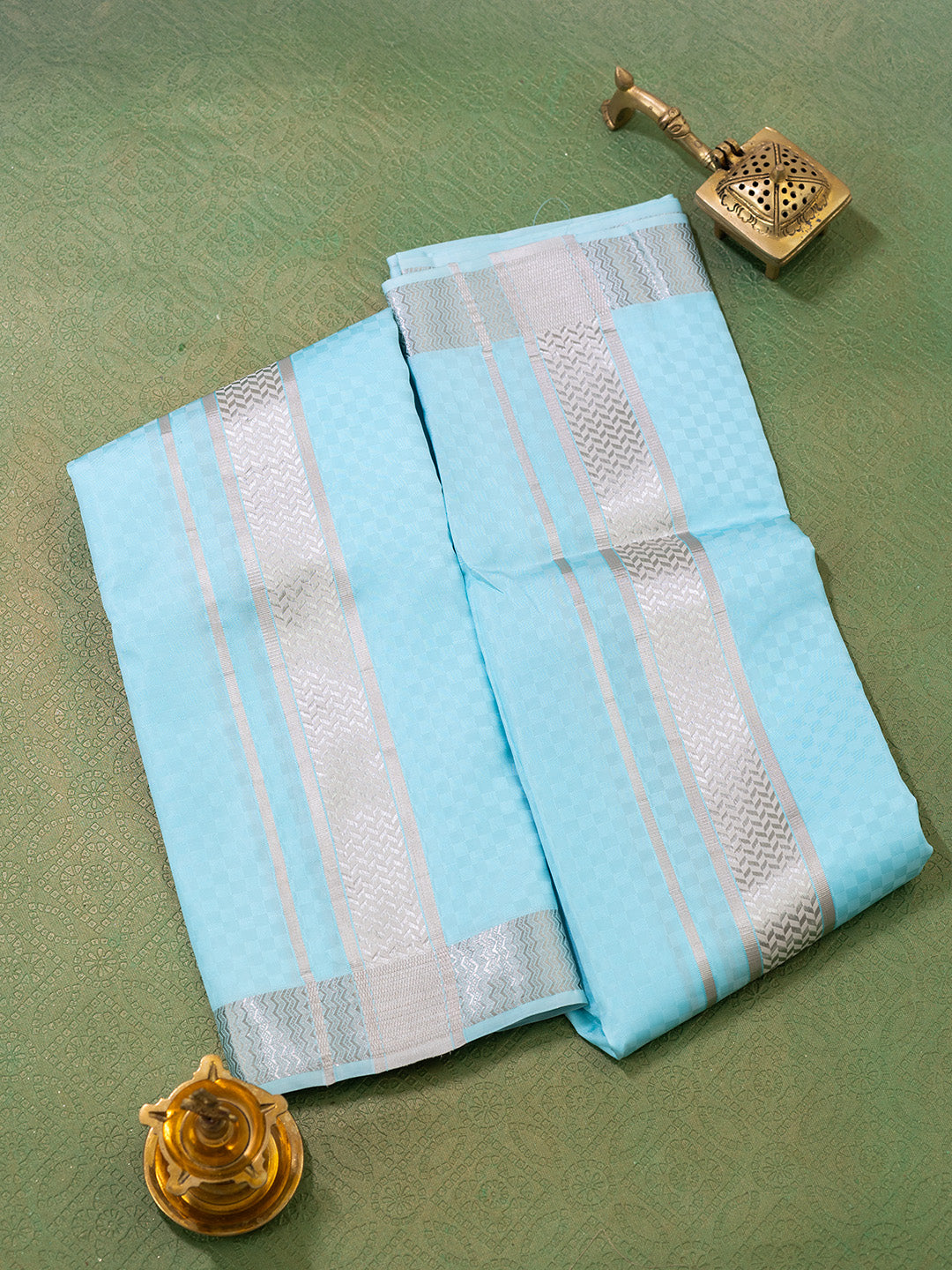 Men Pure Silk Blue Dhoti Shirting & Towel Set with 2" inch Silver Jari Border RJ02